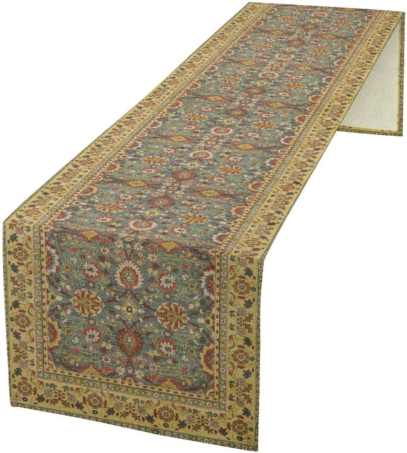 Boho Floral Vintage Beige Blue Table Runner, Retro Flower Rustic Country Farmhouse Abstract Pattern for Home Kitchen Table Decor Dining Coffee Room Party Decor 13x90in