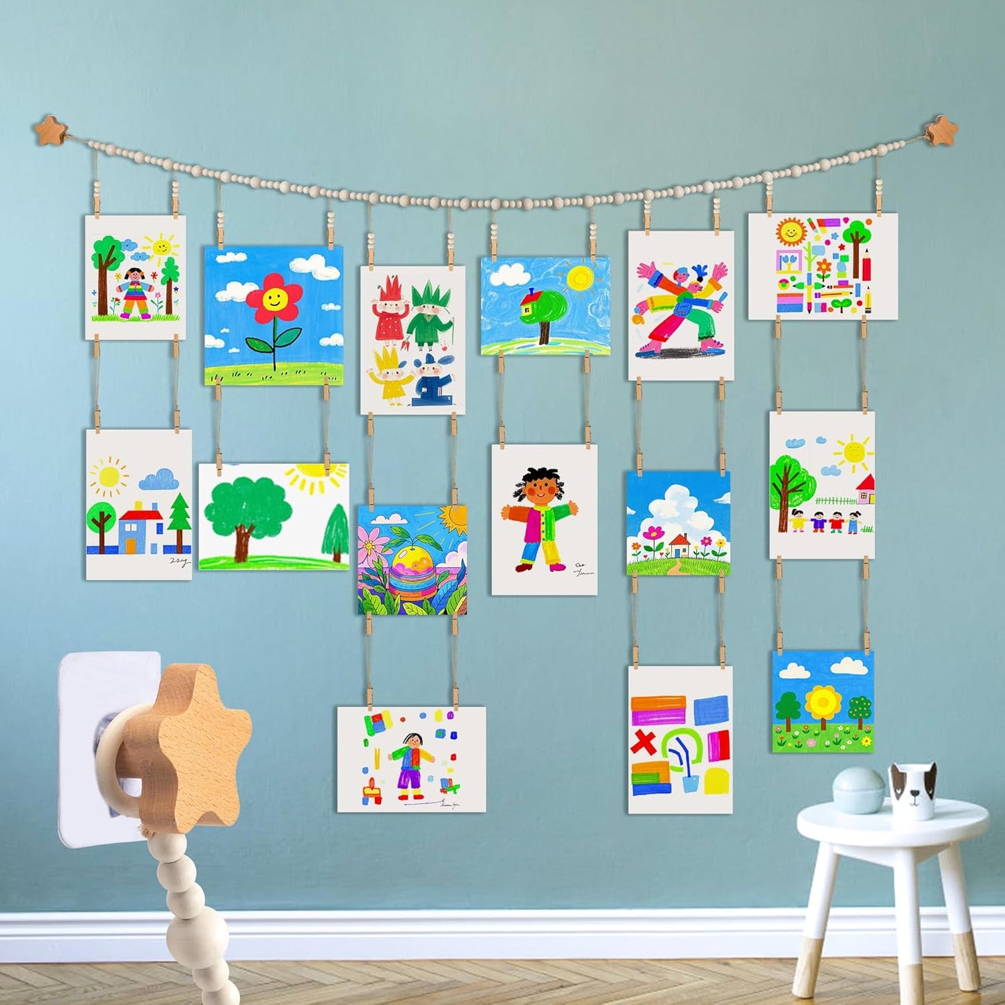 KOLLIEE Kids Artwork Display Art Wall Decor 4.93ft Boho Wooden Beaded Garland Collage Holder with Hanging Rings Wooden Stars Hook 40 Wood Clips for Kids Artwork Photo Room Bedroom Decor