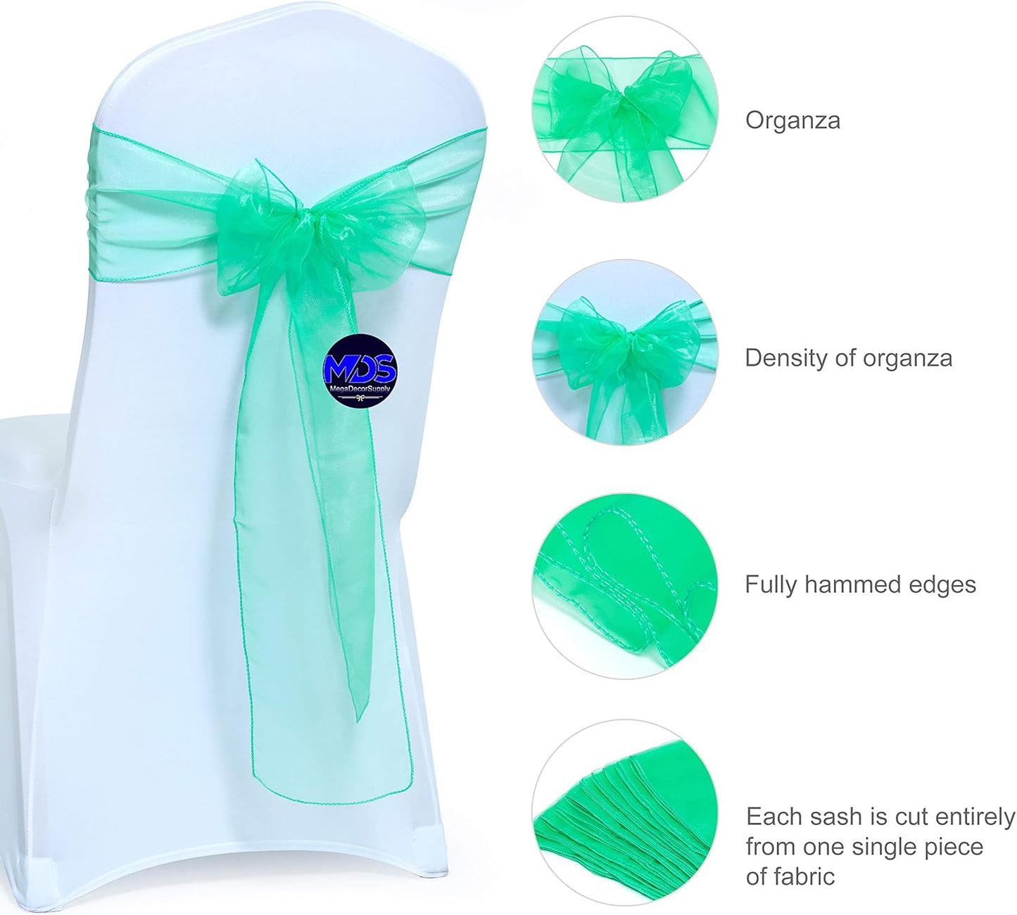 MDS Pack of 25 PCS Organza Chair Sashes Wider Dining Chair Bows Ribbon Tie Back for Wedding Party Birthday Bridal Shower Reception Event Banquet Home Chair Cover Decoration - Mint