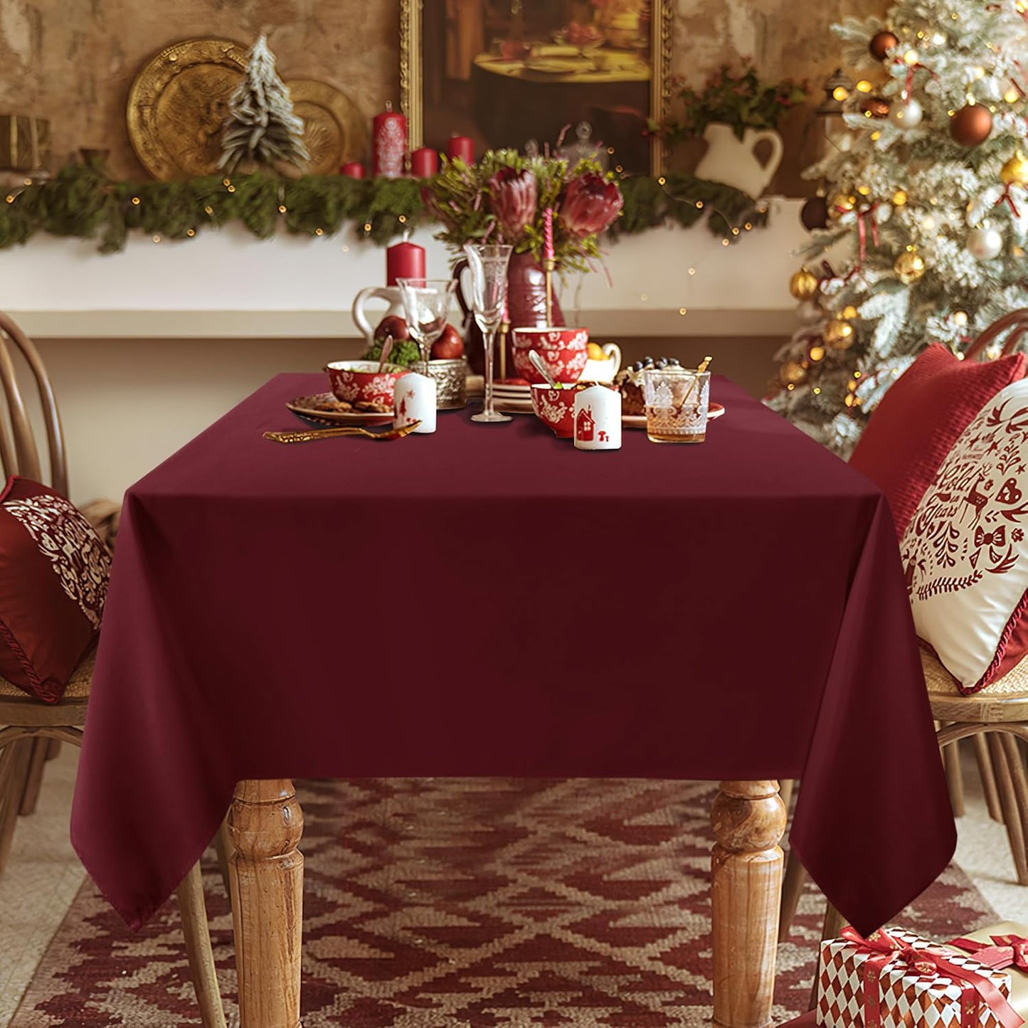 sancua 2 Pack Burgundy Tablecloth 60 x 84 Inch, Rectangle 4 Feet Table Cloth - Stain and Wrinkle Resistant Washable Polyester Table Cover for Dining Tables, Buffet Parties and Camping