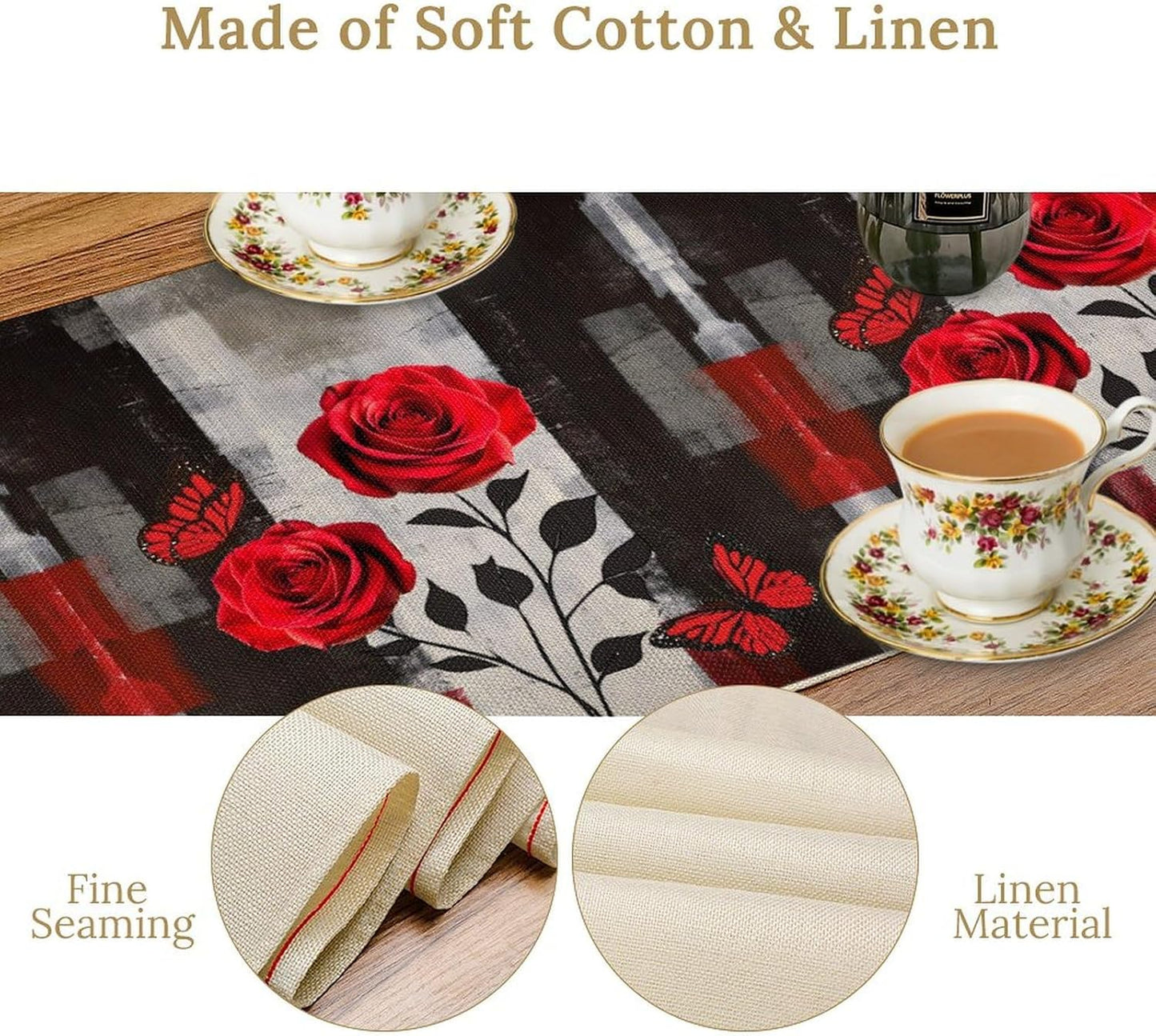 Abstract Art Rose Table Runner, Red Roses Floral Butterfly Black Red Grey Ink Background Pattern Kitchen Dinning Table Runner for Indoor Outdoor Home Wedding Party Holiday, 13x90 Inch