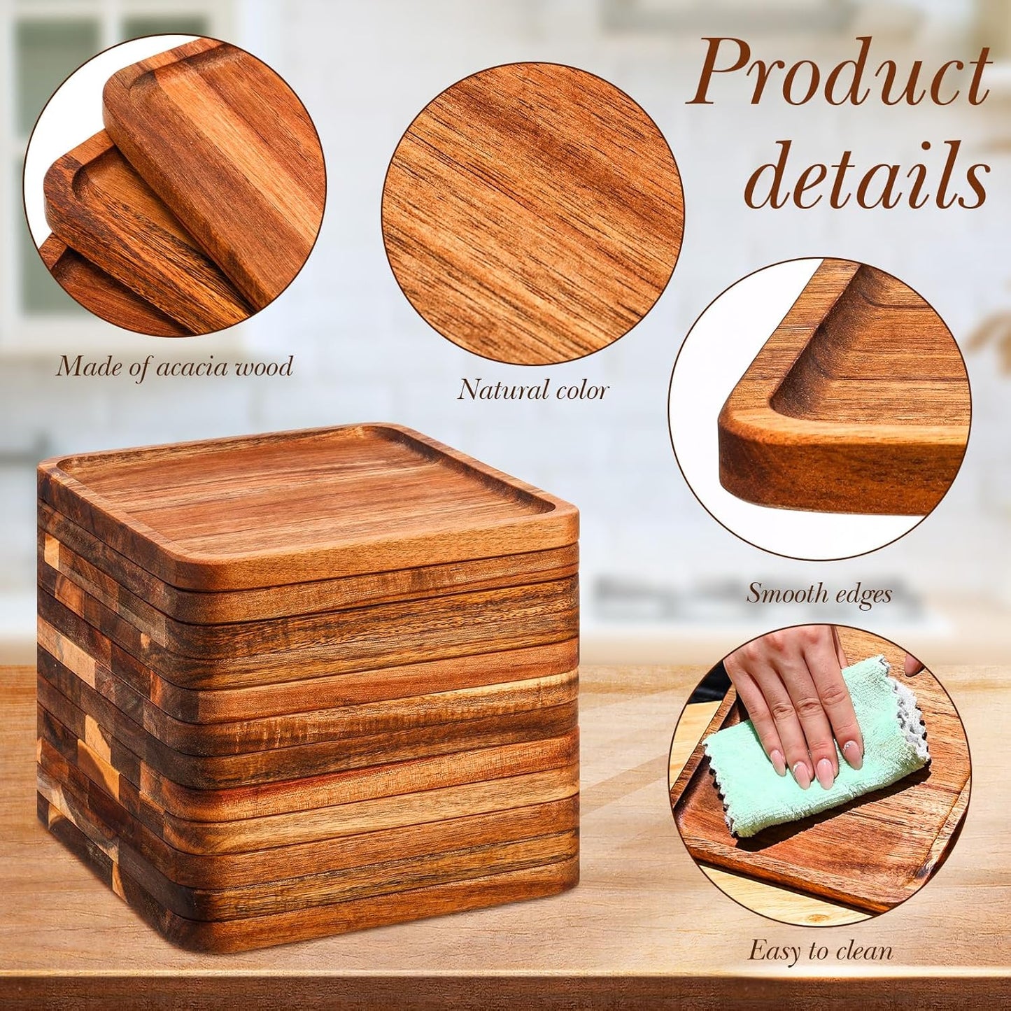 Roshtia 12 Pcs Wooden Plates Square Acacia Wood Charcuterie Board Wedding Dinner Serving Tray Charger Appetizer Kitchen Platter Cheese Steak Tableware Gift for Snack Dessert Salad Fruit (8 Inch)