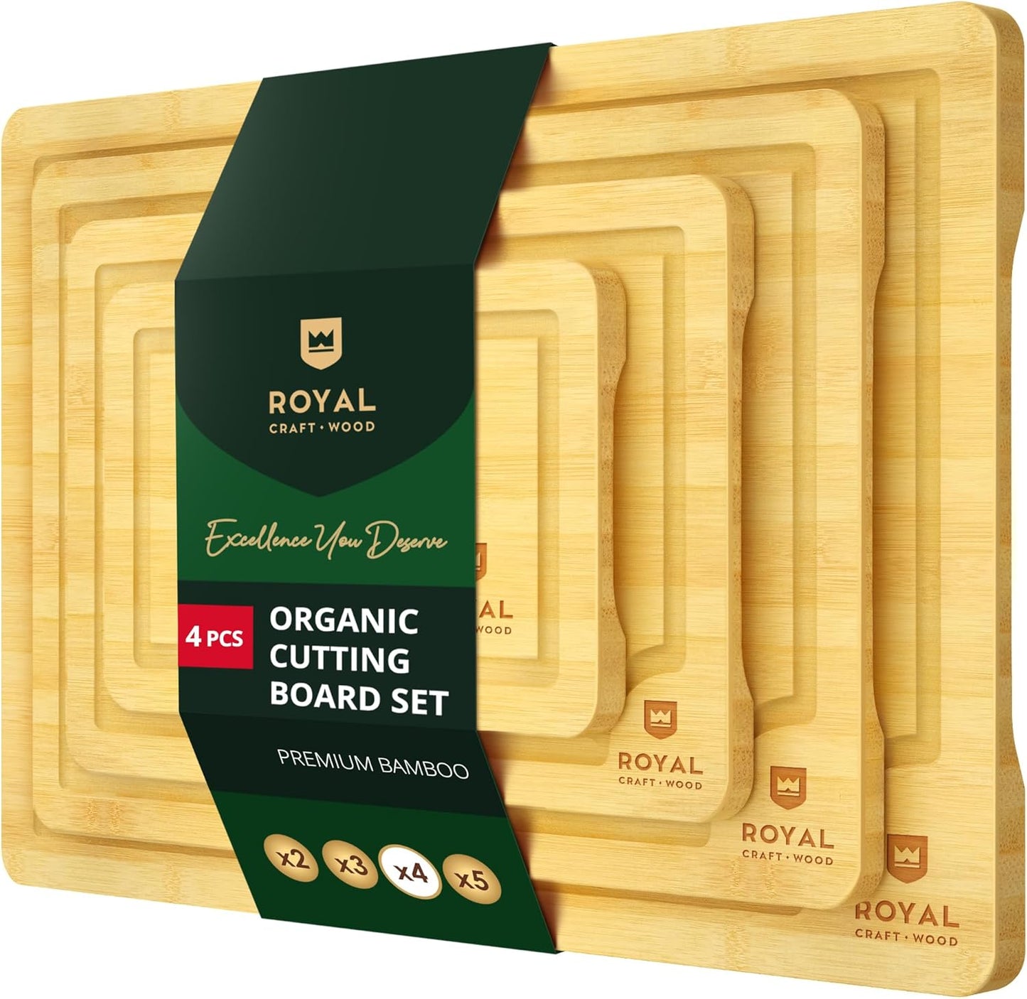 ROYAL CRAFT WOOD Wooden Cutting Boards for Kitchen Meal Prep & Serving - Bamboo Wood Serving Board Set with Deep Juice Groove Side Handles - Charcuterie & Chopping Butcher Block for Meat