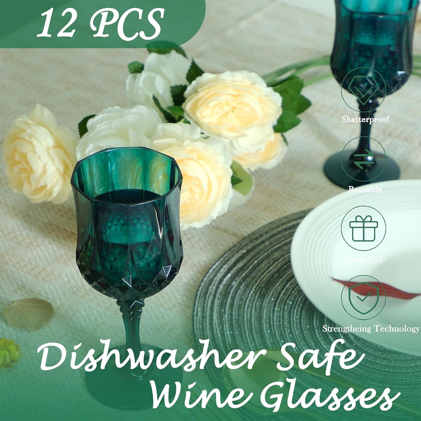 Plastic Wine Glasses，Plastic Goblets Vintage Style Cordial Drinking Glasses for Wedding Reception, Christmas Grand Event Party Supplies (12, Green)