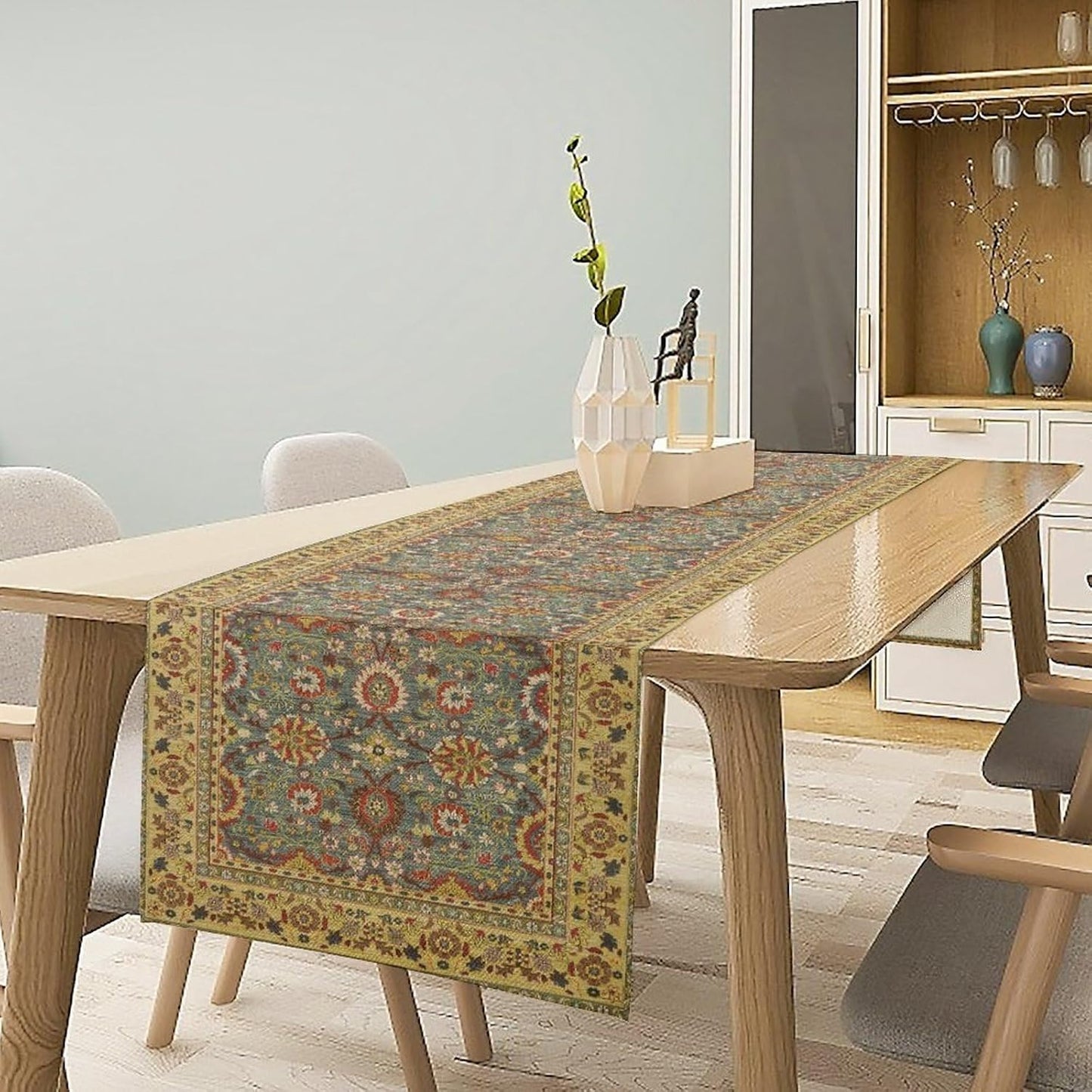 Boho Floral Vintage Beige Blue Table Runner, Retro Flower Rustic Country Farmhouse Abstract Pattern for Home Kitchen Table Decor Dining Coffee Room Party Decor 13x72in