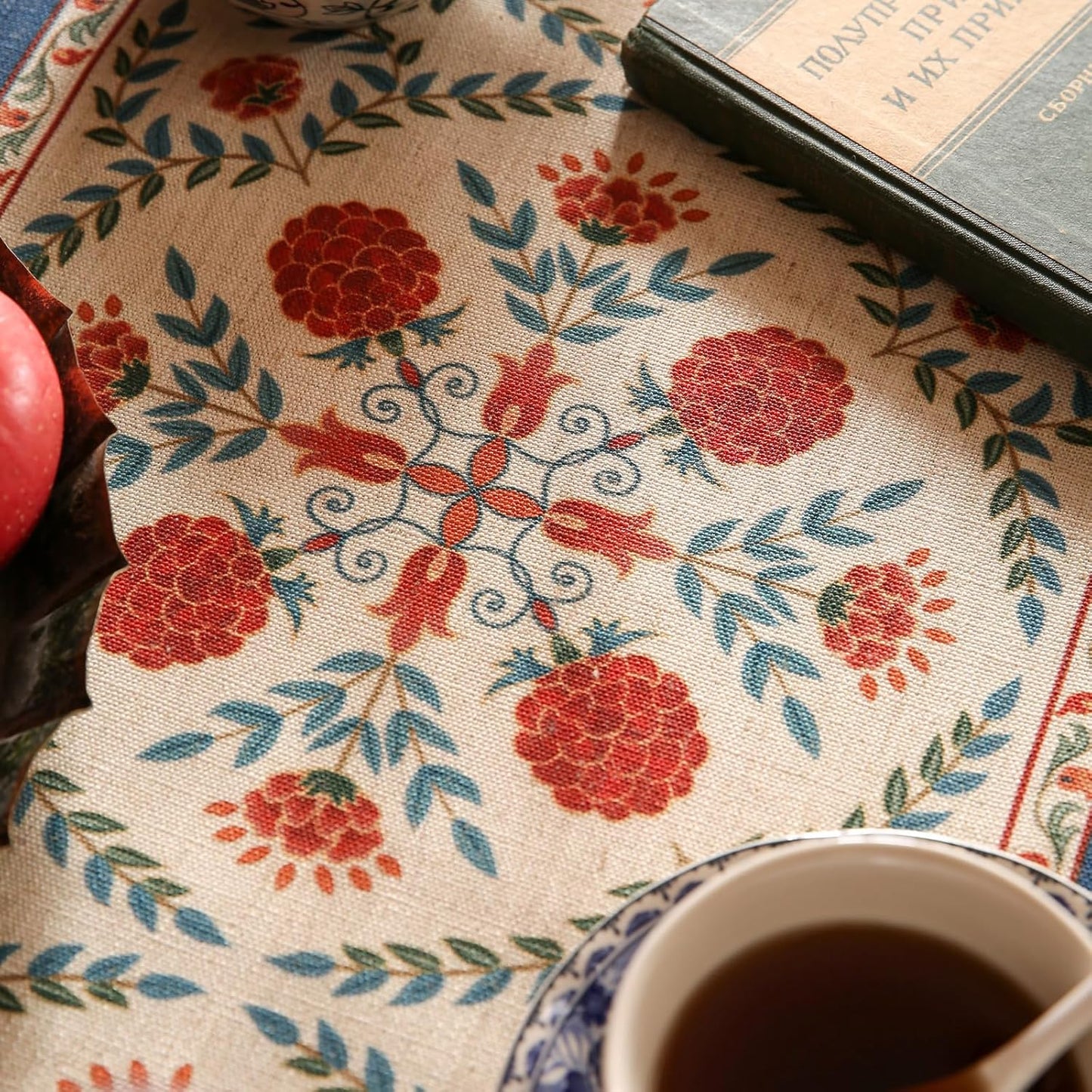 patdrea Designer Vintage Bright Farmhouse Linen Table Runner 71 Inch Long, Maroon Floral Pattern Table Mat, Decoration for Kitchen Dining Table Coffee Table Cabinet Banquet Christmas ,12"*71"
