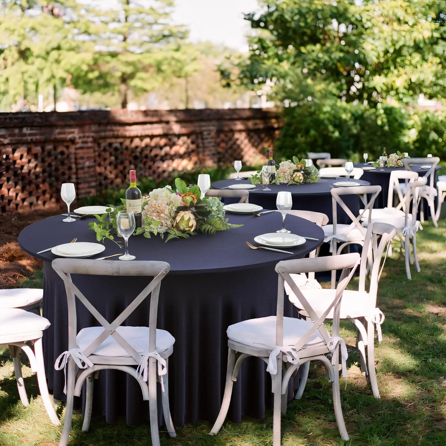 6 Pack Navy Blue Round Spandex Tablecloth 60 Inch, Wrinkle Free Stretch 120 Inch Fitted 5ft Navy Table Cloths Round Table Covers with Ruffle Skirt for Graduation Party Wedding Banquet