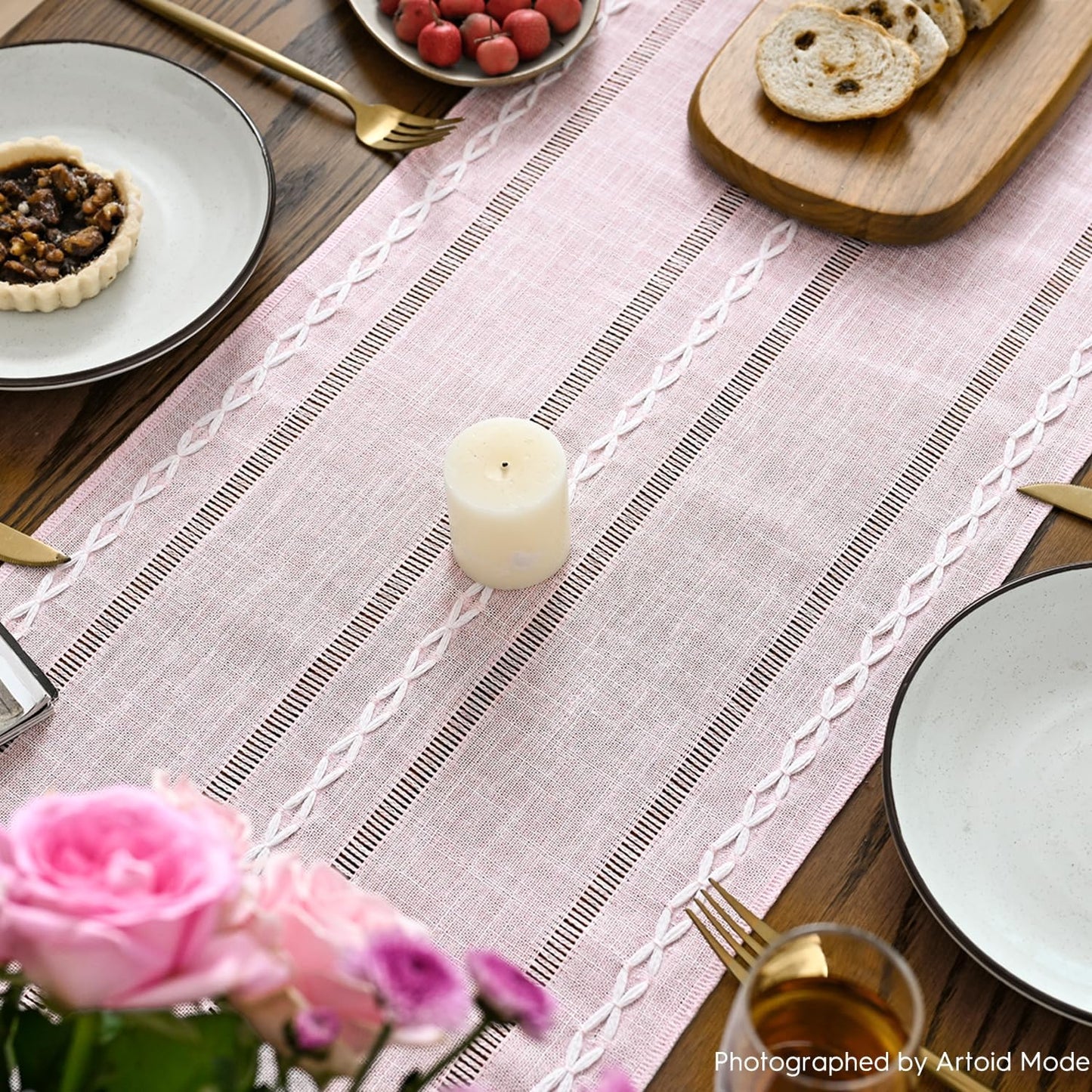 Artoid Mode Pink Rustic Cotton Linen Table Runner, Seasonal Embroidered Hollow Kitchen Dining Table Decoration for Home Party Decor 13x36 Inch