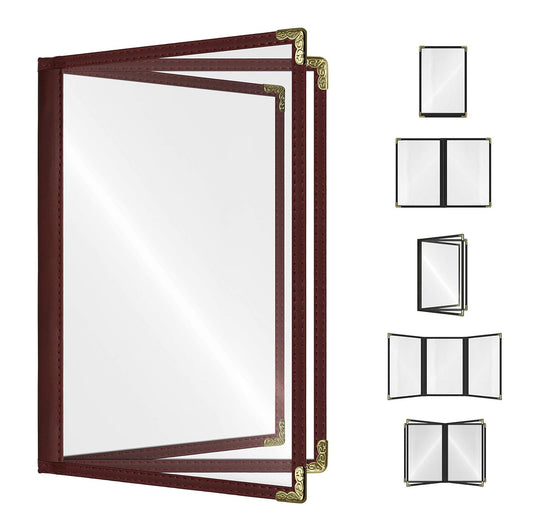 Goodsmart Restaurant Menu Covers - Burgundy, 25 Pack, 8.5" x 11", 3-Page/6-View, Side-Loading Vinyl Menu Holders, Clear Sleeves, Double-Stitched Edge, Leather-Style Café Covers with Gold Corners