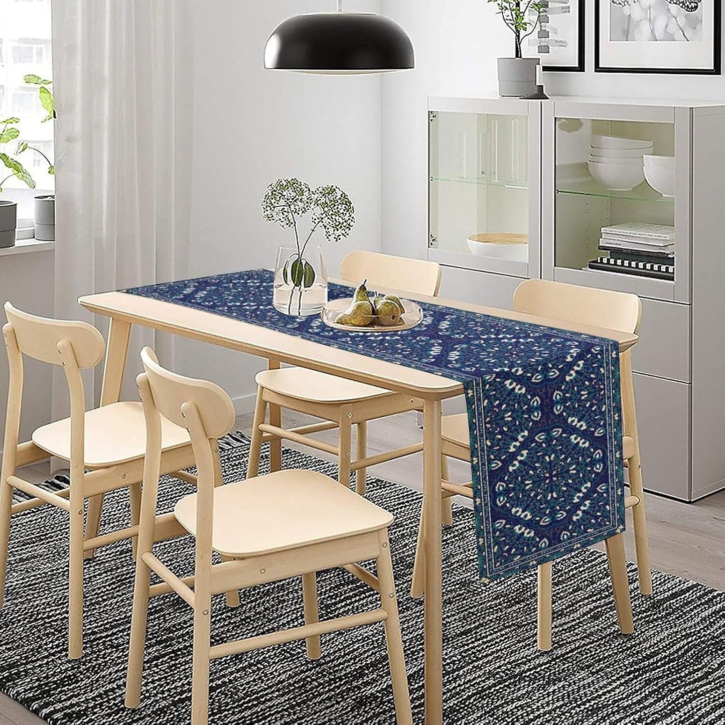 Boho Floral Vintage Table Runner, Retro Morris Abstract Blue Flower Rustic Country Farmhouse Pattern for Home Kitchen Table Decor Dining Coffee Room Wedding Party Decor 13x90in