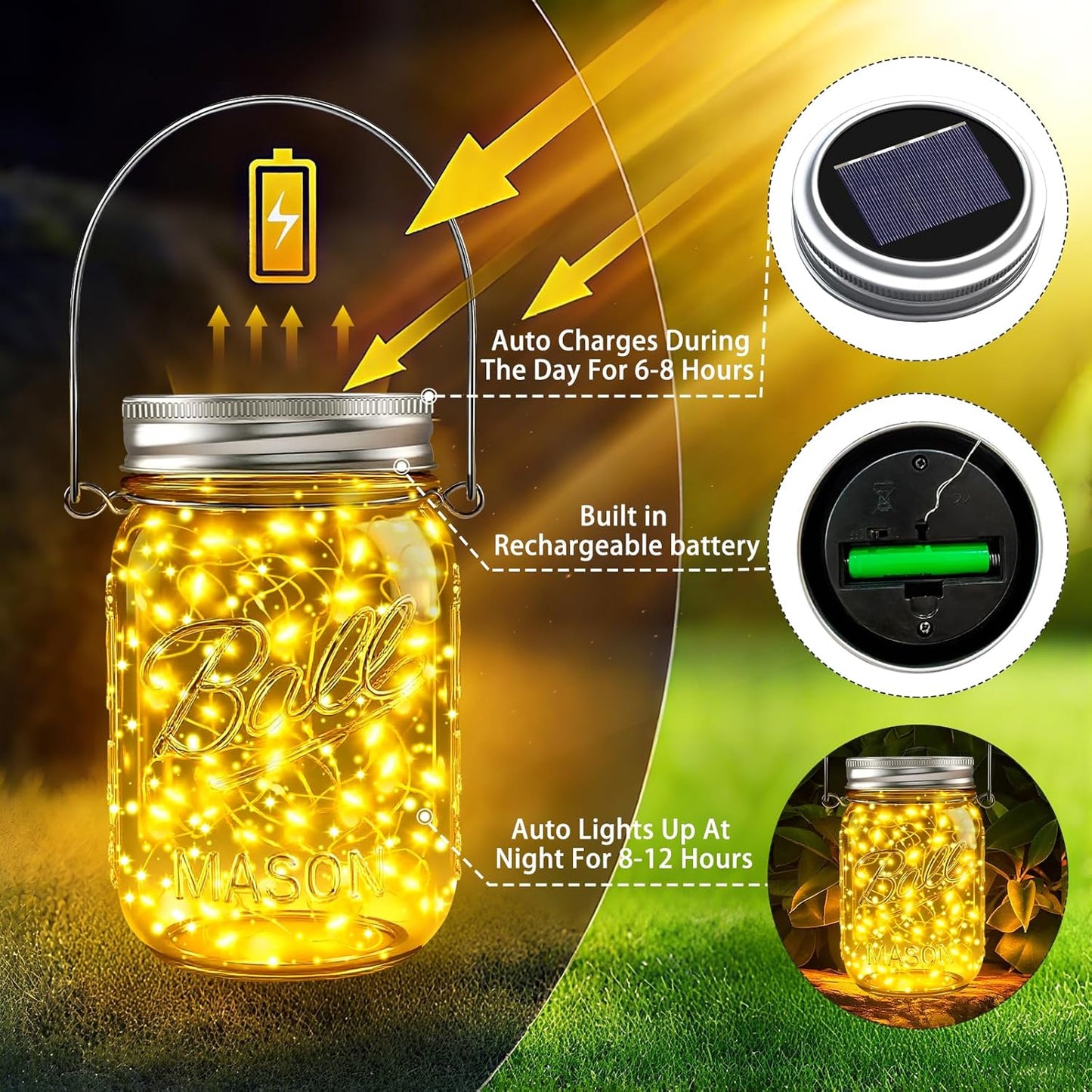ZNYCYE Mason Jar Solar Lights for Outside, 6 Pack 30 LED Fairy Lights Mason Jar Solar Lids Outdoor Waterproof String Lights with Hangers (No Jars) for Patio Garden Yard Lawn Decor - Warm White