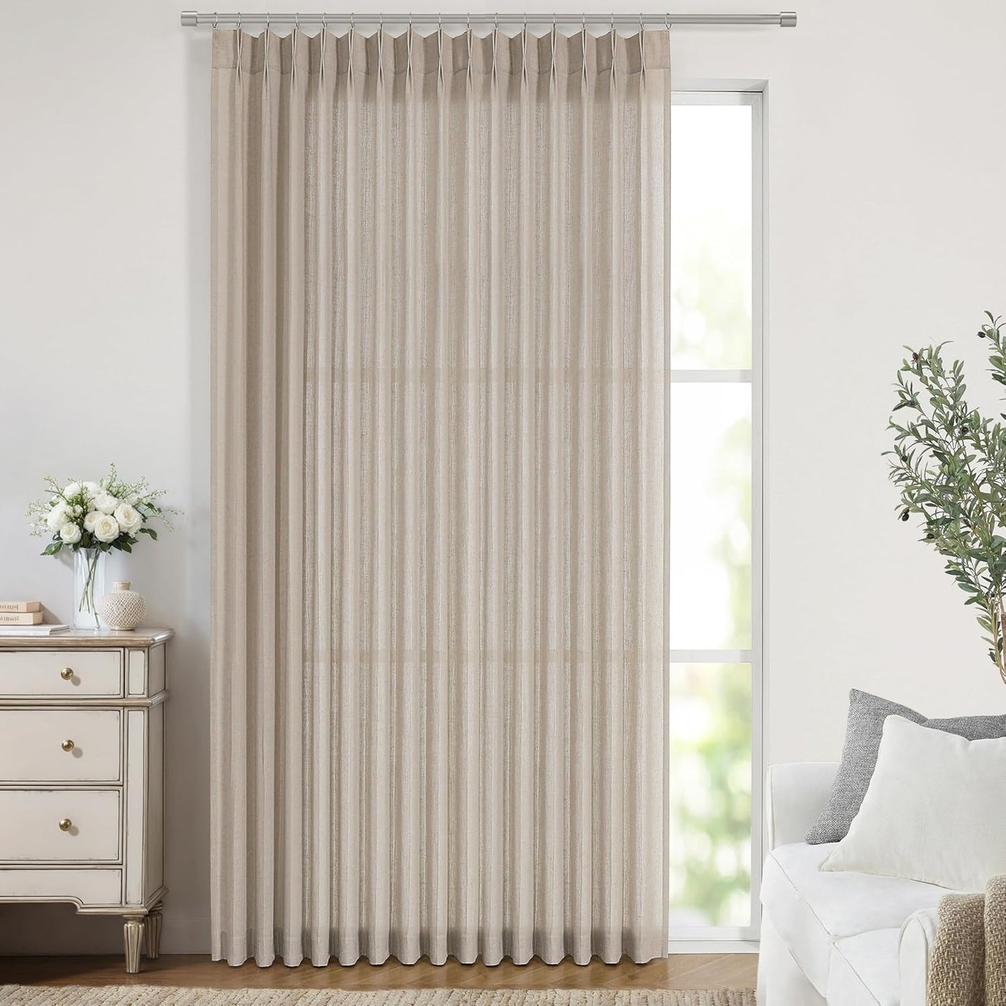 Vision Home Sand Pinch Pleated Semi Sheer Curtains Textured Linen Blended Light Filtering Window Curtains 112 inch for Living Room Bedroom Patio Pinch Pleat Drapes with Hooks 1 Panel 84" Wx112 L