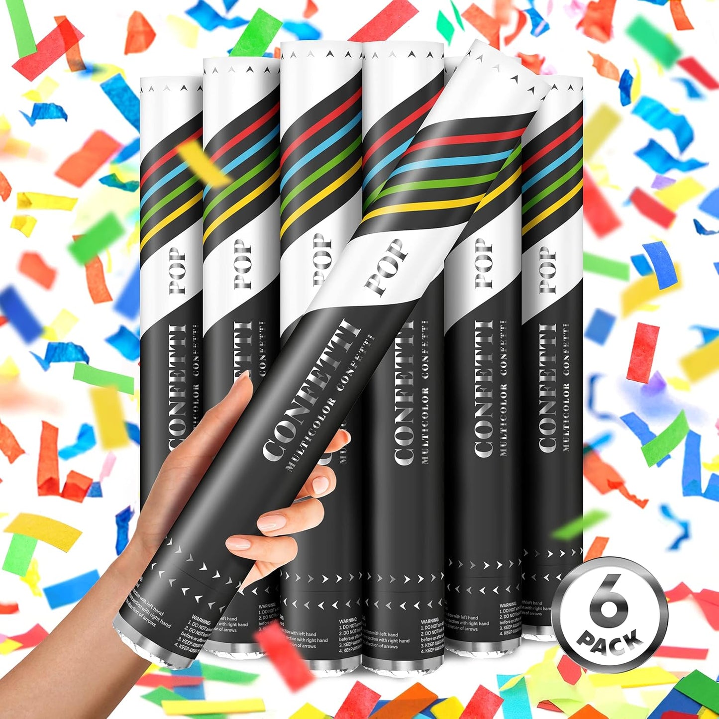 16" Confetti Cannon [6 Pack] Confetti Poppers | Multicolor Biodegradable Confetti Cannons (Confetti Blasters/Gun/Bomb/Shooters) Compressed Air, Launch 25ft, Loud Pop, For Wedding, New Year's Eve