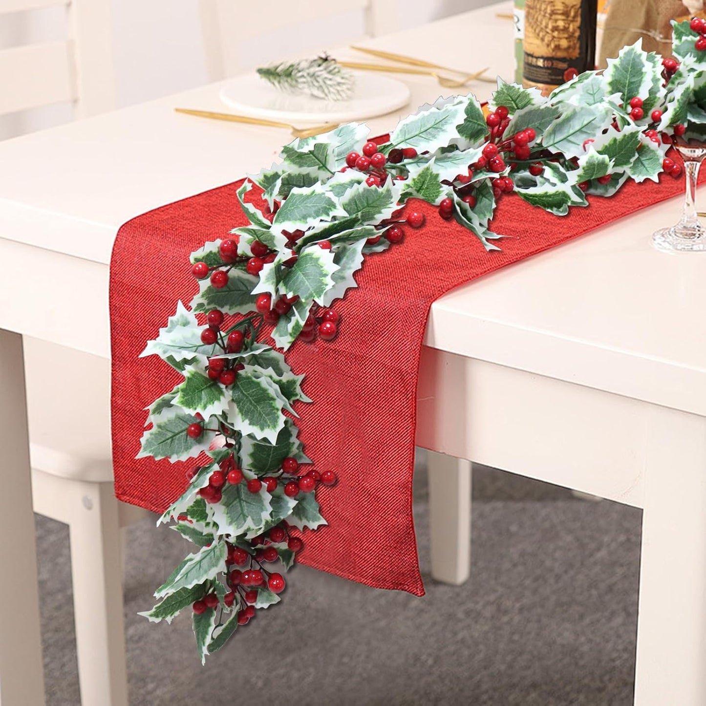 MAKHOT 6Ft Eucalyptus Garland, Green Leaves Wreath Vines Garlands Decorations, Artificial Red Berry Garland for Fireplace Gate Mantle Table Home Party Decor