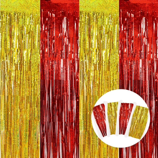 BEISHIDA 4 Pcs Red and Gold Party Streamers Fringe Foil Curtain Backdrop Tinsel Background Party Decoration for Door Wall Graduation Birthday Wedding Anniversary Christmas Party Decoration