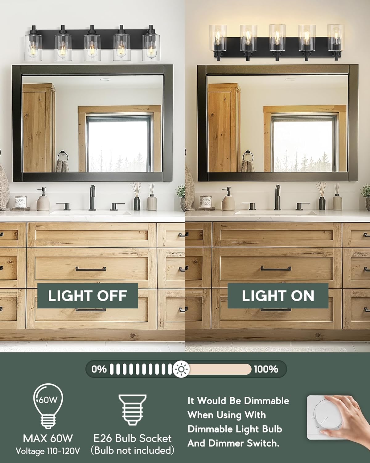 5-Light Bathroom Light Fixtures, 30 Inch Black Vanity Light with Cylinder Clear Glass Shade, Modern Vanity Lighting Fixtures Over Mirror, VL143-MB-5