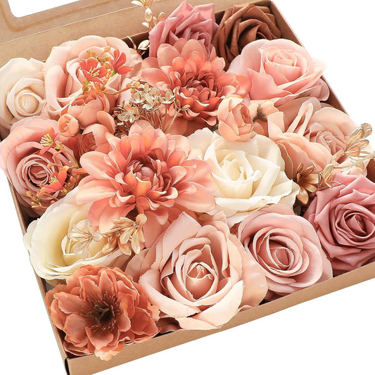 Floroom Terracotta Artificial Flowers Burnt Orange Fake Roses Dahlias and Greenery Combo Box Set for DIY Wedding Bouquets Bridal Shower Centerpieces Floral Arrangements Party Tables Home Decorations
