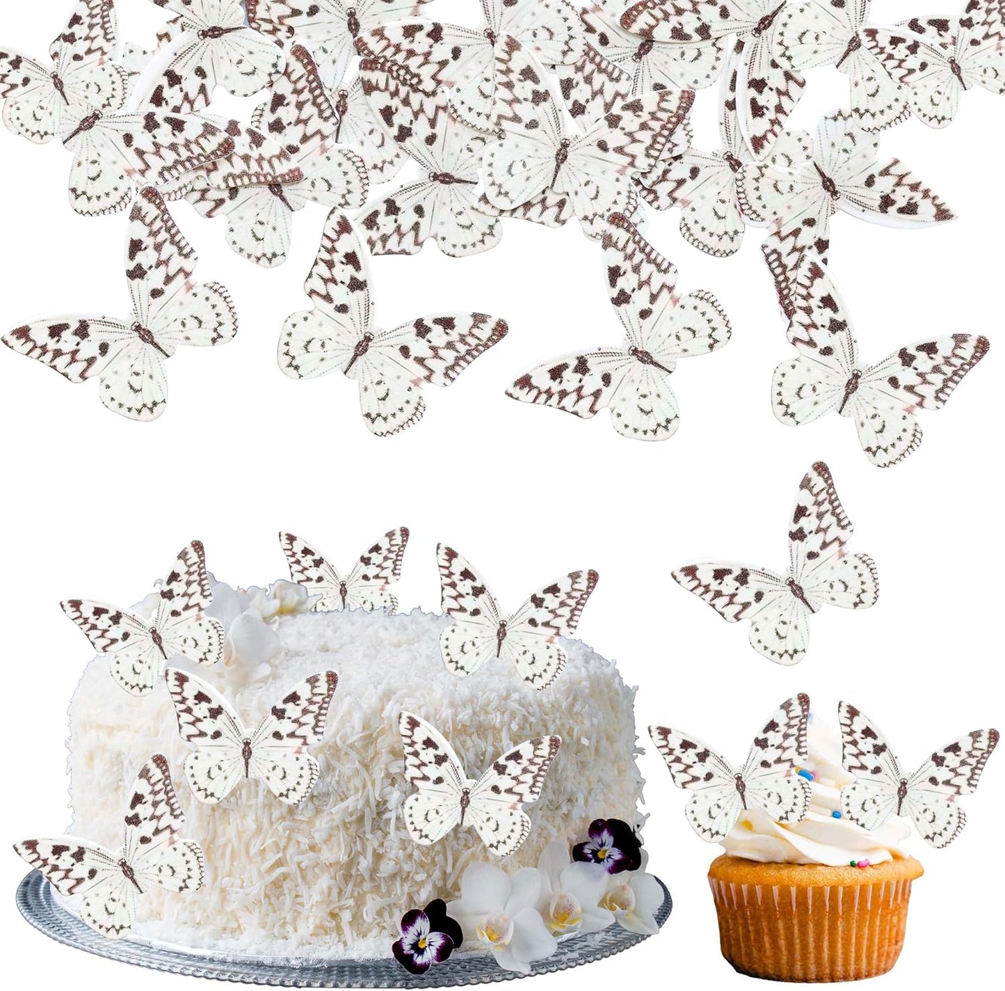 Ephlyn 48Pcs Edible Wafer Paper Butterflies for Cupcake Toppers Picks Edible Butterfly Cake Decorations for Wedding Birthday Party Butterfly Theme Baby Shower Kids Birthday Party Cake Supplies Coffee