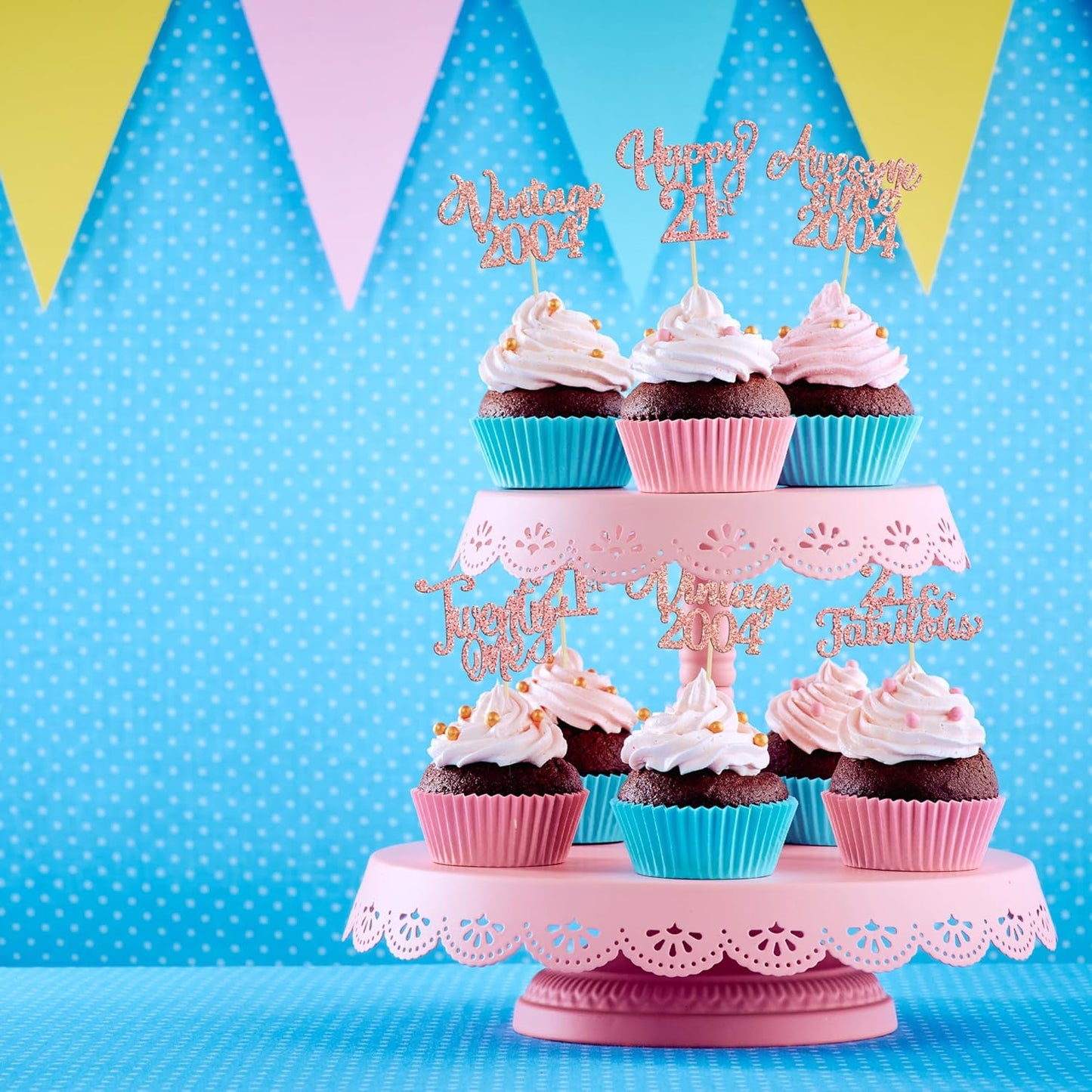 30Pcs Vintage 2004 Cupcake Toppers Glitter Twenty-one 21 Fabulous Happy 21st Birthday Cupcake Picks Cheers to 21 Years for 21st Birthday Anniversary Party Cake Decorations Supplies Rose Gold