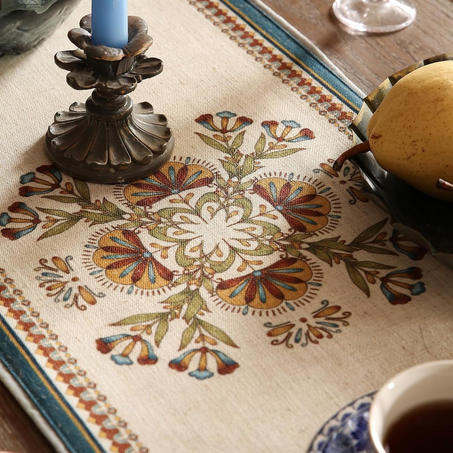 patdrea Designer Beige Farmhouse Geometric Patterned Linen Table Runner 87 Inch Long,Wrinkle Resistant Table Mat,Decoration for Kitchen Dining and Coffee Tables Banquet Christmas , 12"x87"