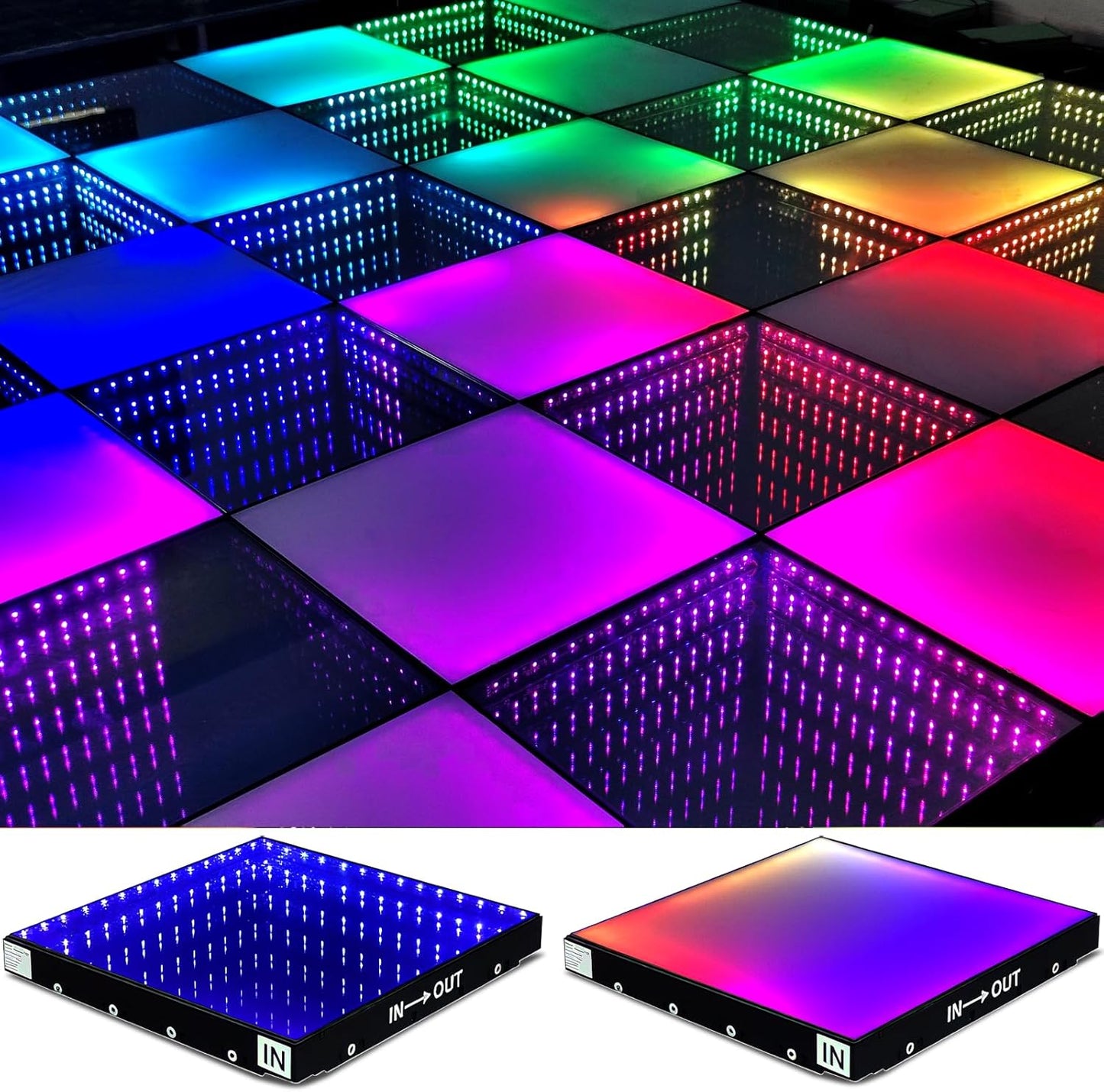 Dance Floor Stage Lights Tempered Glass Infinity Mirror Panel 3D Effect Led Dance Floor for Wedding Party Customizable (3D+RGB-Magnetic, 64PCS(13.1fFTX13.1FT))