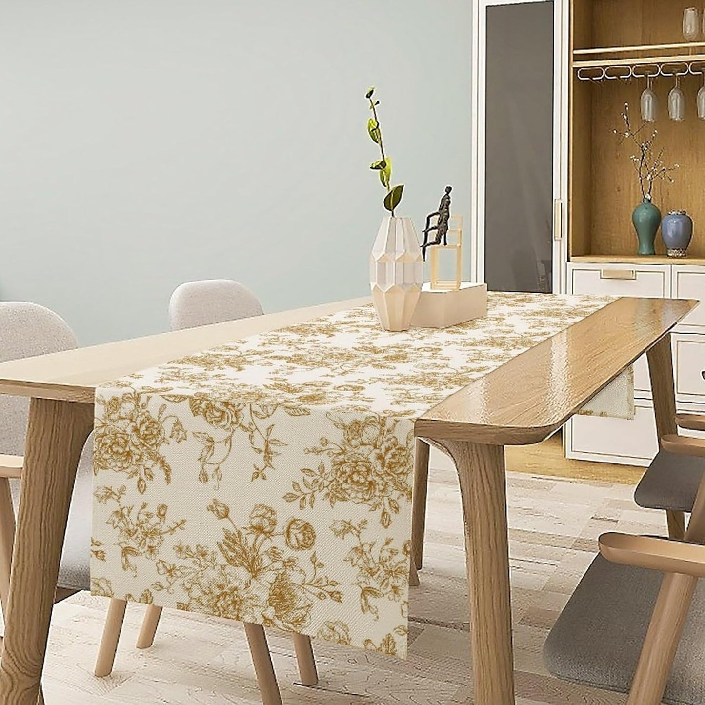 Retro Floral Table Runner, Golden White Wildfloral Sketch Print Kitchen Dinning Table Runner for Indoor Outdoor Home Wedding Party Holiday, 13x36 Inch