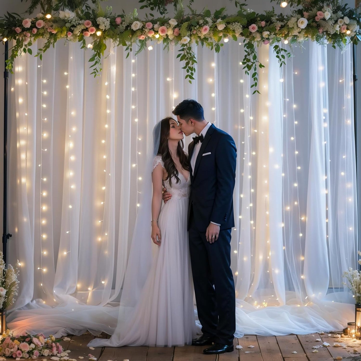 10ft x 8ft White Sheer Tulle Backdrop Curtains with Lights String Wedding Backdrop for Reception Ceremony Birthday Party Baby Shower Photo Booth Background Decoration