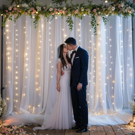 10ft x 8ft White Sheer Tulle Backdrop Curtains with Lights String Wedding Backdrop for Reception Ceremony Birthday Party Baby Shower Photo Booth Background Decoration