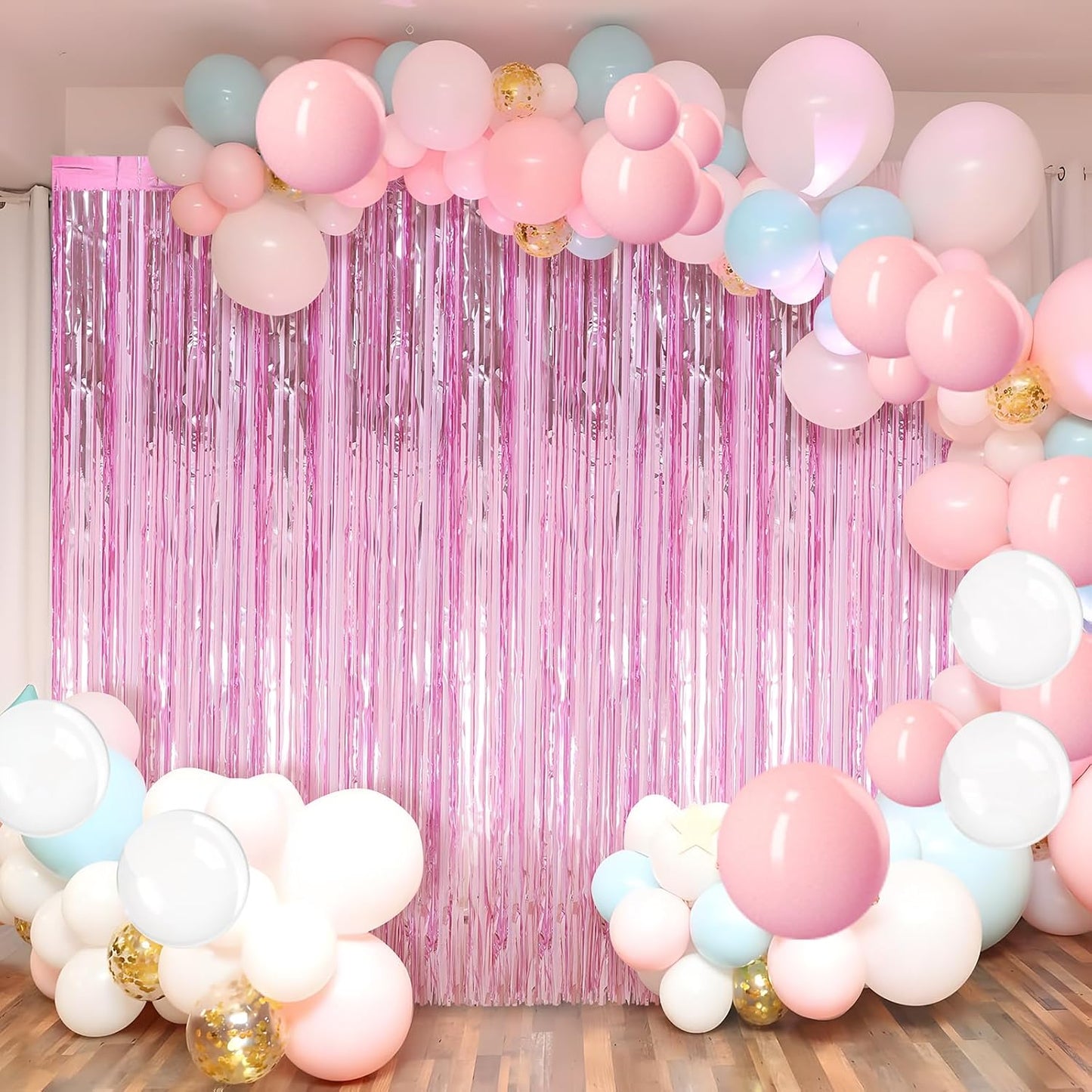 4 Pack Pink Foil Fringe Curtains Door Streamers Party Decorations 3.3 x 8.2 ft, Pink Tinsel Curtain Fringe Backdrop for Parties, Door Fringe Birthday Streamers, Photo Booth Backdrops, Party Decor