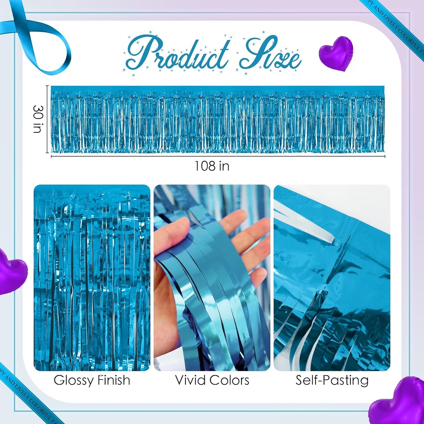 2 Pack Lake Blue Dark Purple Table Skirts, 29x108" Metallic Foil Tinsel Fringe Table Skirt for Rectangle Tables Streamer Curtains Backdrop, Party Decorations for Birthdays, Weddings, Holidays