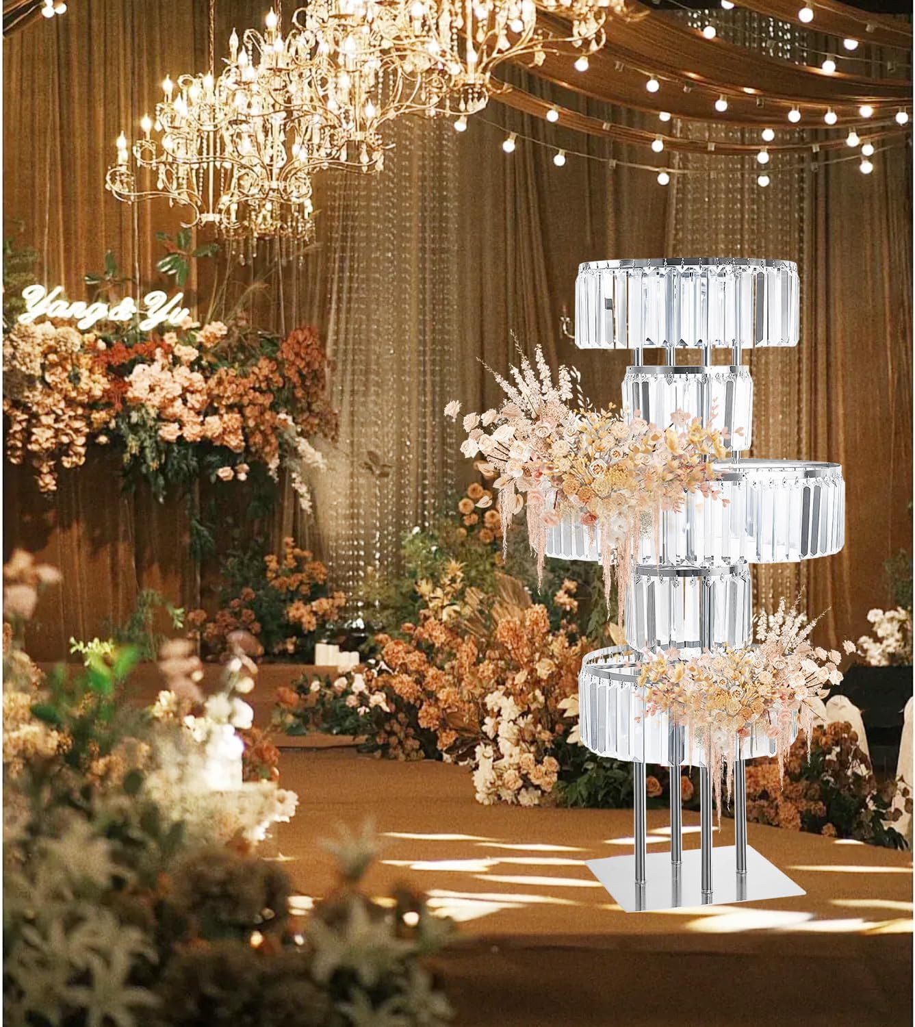 Silver Crystal Vases for Centerpieces, 47.2in Metal Pedestal Stands for Table Chandelier Centerpiece Wedding, 5 Tier Round Flower Stand for Wedding Reception Birthday Party Events Home Decor