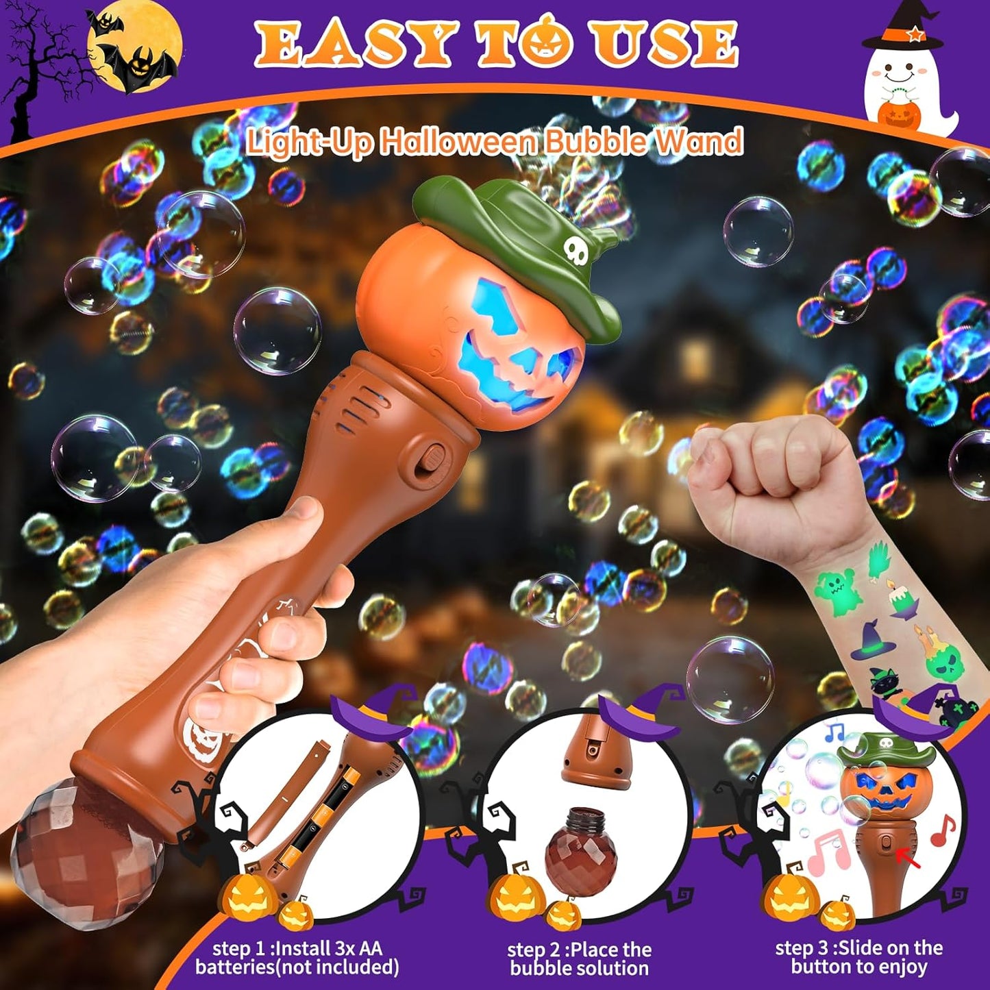 Halloween Bubble Machine Wand for Kids, Light up & Music Pumpkin Bubble Wand-2 Temporary Tattoos and 5 Bubble Solution, Halloween Boo Basket Stuffers for Toddlers Boys & Girls 3 4 5 6 7 8 + Years Old
