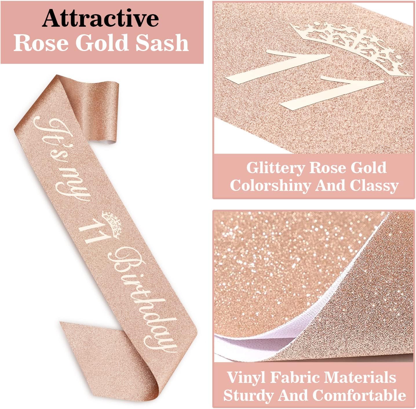 11th Birthday Decorations for Girl with Sash and Tiara, Numeral Candle and Cake Topper, 11 Year Old Birthday Decorations Gifts, Rose Gold Party Favor Supplies