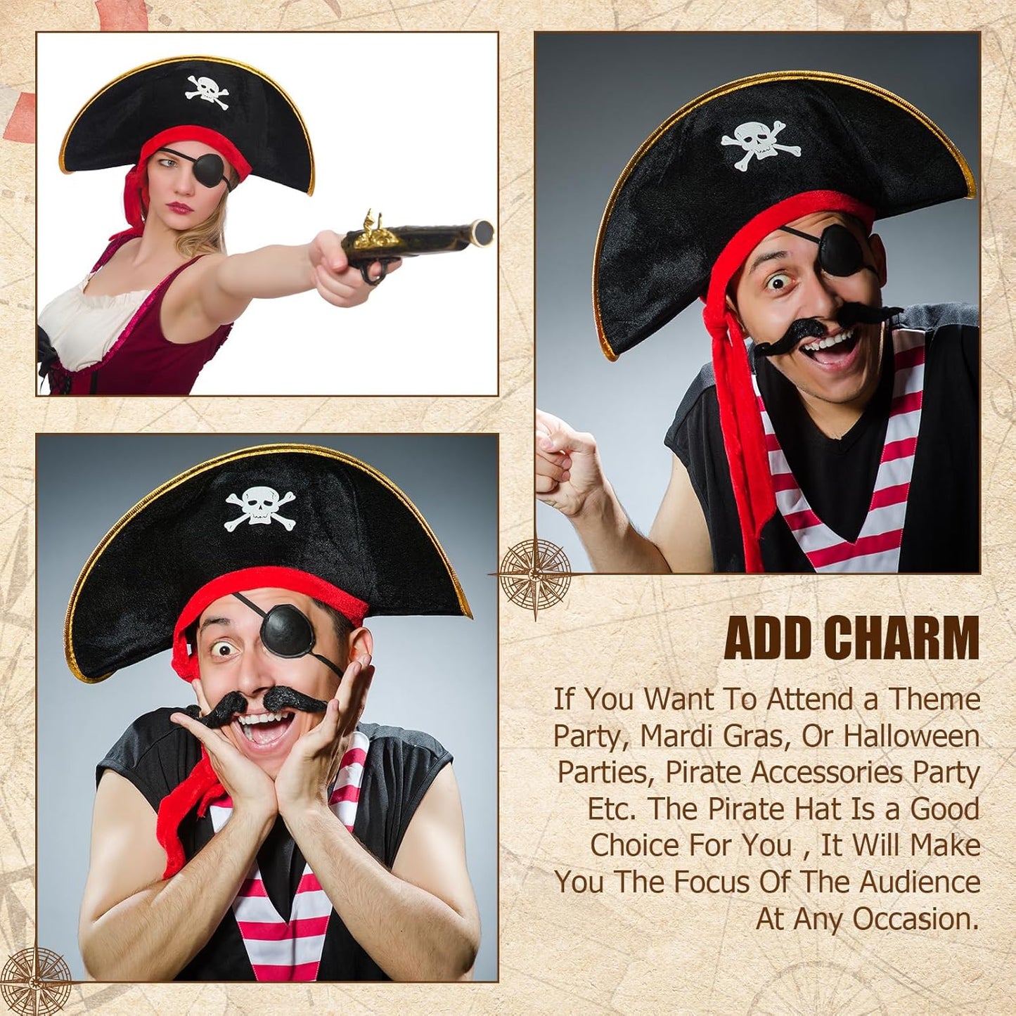 Hsei Halloween Pirate Hat Skull Print Captain Costume Caps Party Accessories Hats for Cosplay Caribbean Nautical Themed
