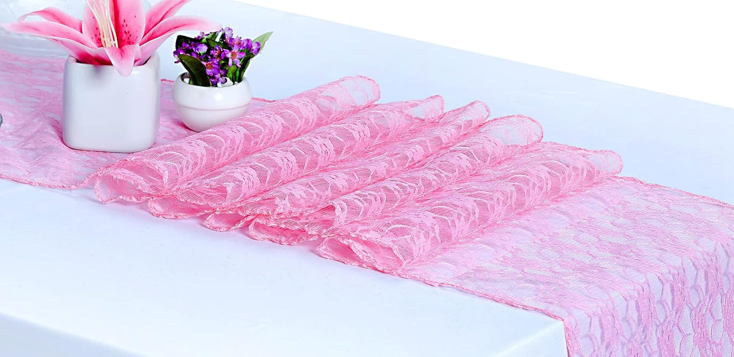 MDS Pack of 15 Wedding 12 x 108 inches Lace Table Runner for Wedding, Decorations for Birthday Parties, Banquets, Graduations, Engagements, and Runners fit Rectangle, Round Table- Pink
