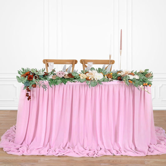 QueenDream Pink Sheer Table Skirts 14ft Chiffon Tablecloth for Rectangle Tables for Baby Shower Birthday Party Wedding Decorations