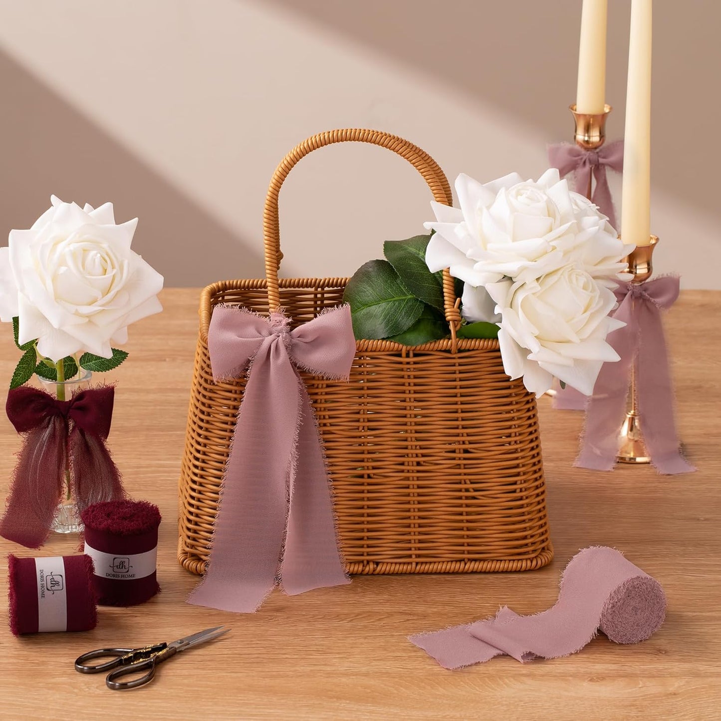 DORIS HOME 2" x21Yd Chiffon Ribbon for Flower Bouquet, Pink & Burgundy Fabric Ribbon for Gift Wrapping, Handmade Frayed Ribbon for Wedding, Chiffon Silk Ribbon for Christmas Decorations