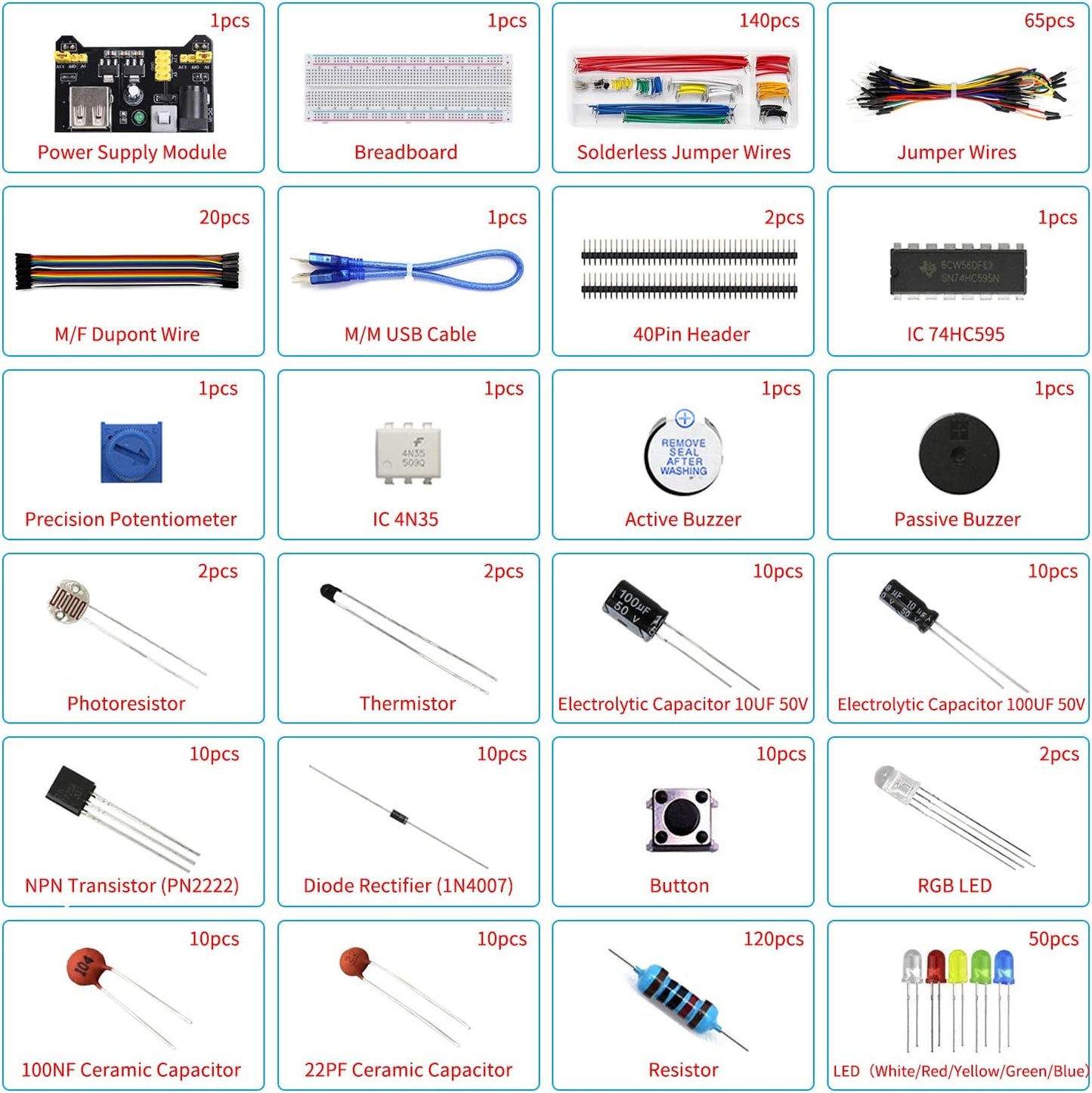 REXQualis Electronics Component Fun Kit w/Power Supply Module, Jumper Wire, 830 tie-Points Breadboard, Precision Potentiometer,Resistor Compatible with Arduino, Raspberry Pi, STM32
