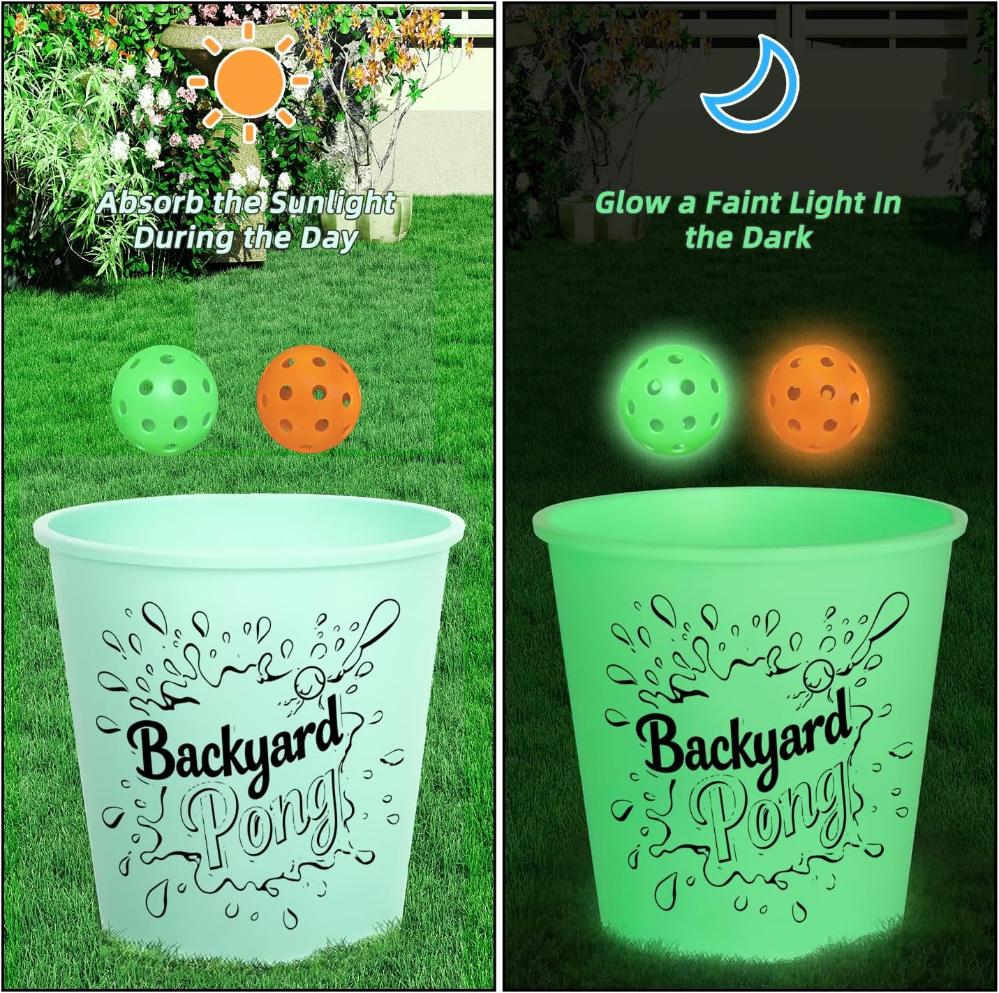 Mostop Yard Pong Game Set Glow in Dark with 12 Buckets, 6 Balls, Carrying Bag - Throwing Game for Adults Family Party - Outdoor Games for Beach, Camping, Lawn and Backyard