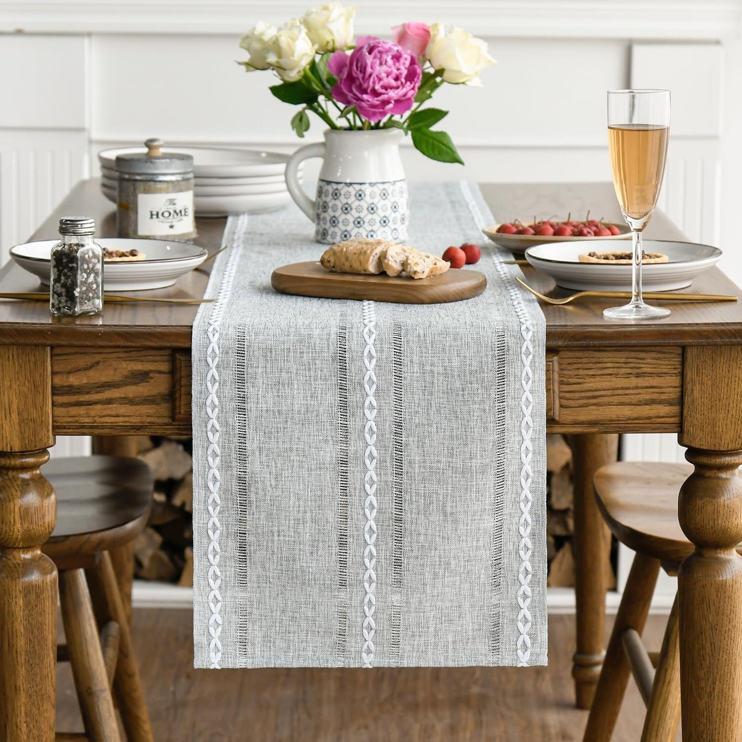 Artoid Mode Grey Rustic Cotton Linen Table Runner, Seasonal Embroidered Hollow Kitchen Dining Table Decoration for Home Party Decor 13x60 Inch
