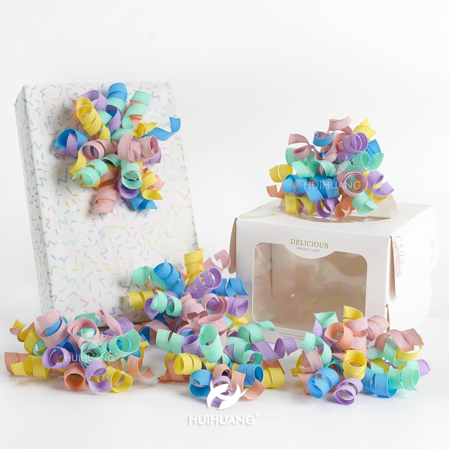 HUIHUANG Pastel Curly Ribbon Bows Pastel Bows for Gift Wrapping, Self Adhesive Burst Gift Bow for Presents, Birthday, Holiday Party Favors, Wine Bottle, Treat Bags- 6 Counts