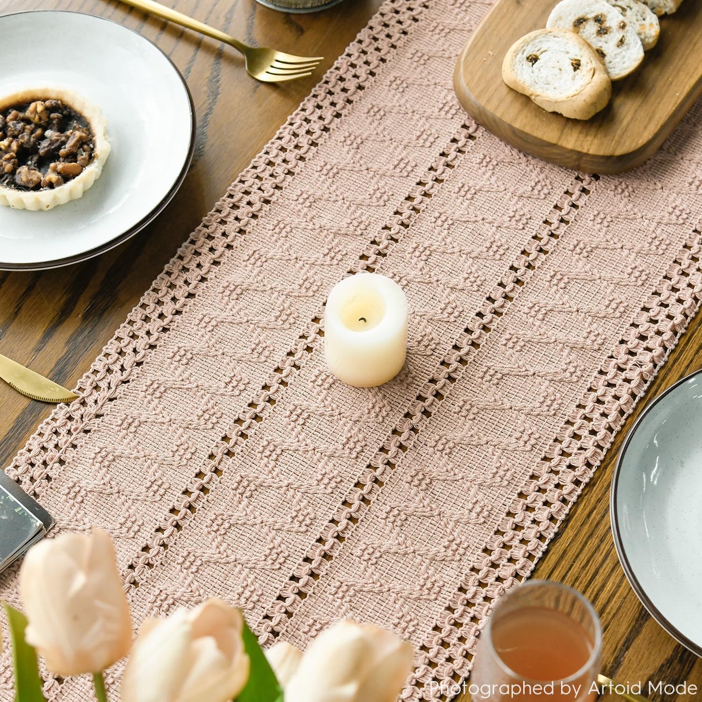 Artoid Mode Pink Farmhouse Woven Rustic Hollow Table Runner, Seasonal Holiday Kitchen Dining Table Decoration for Home Party Decor 12x36 Inch