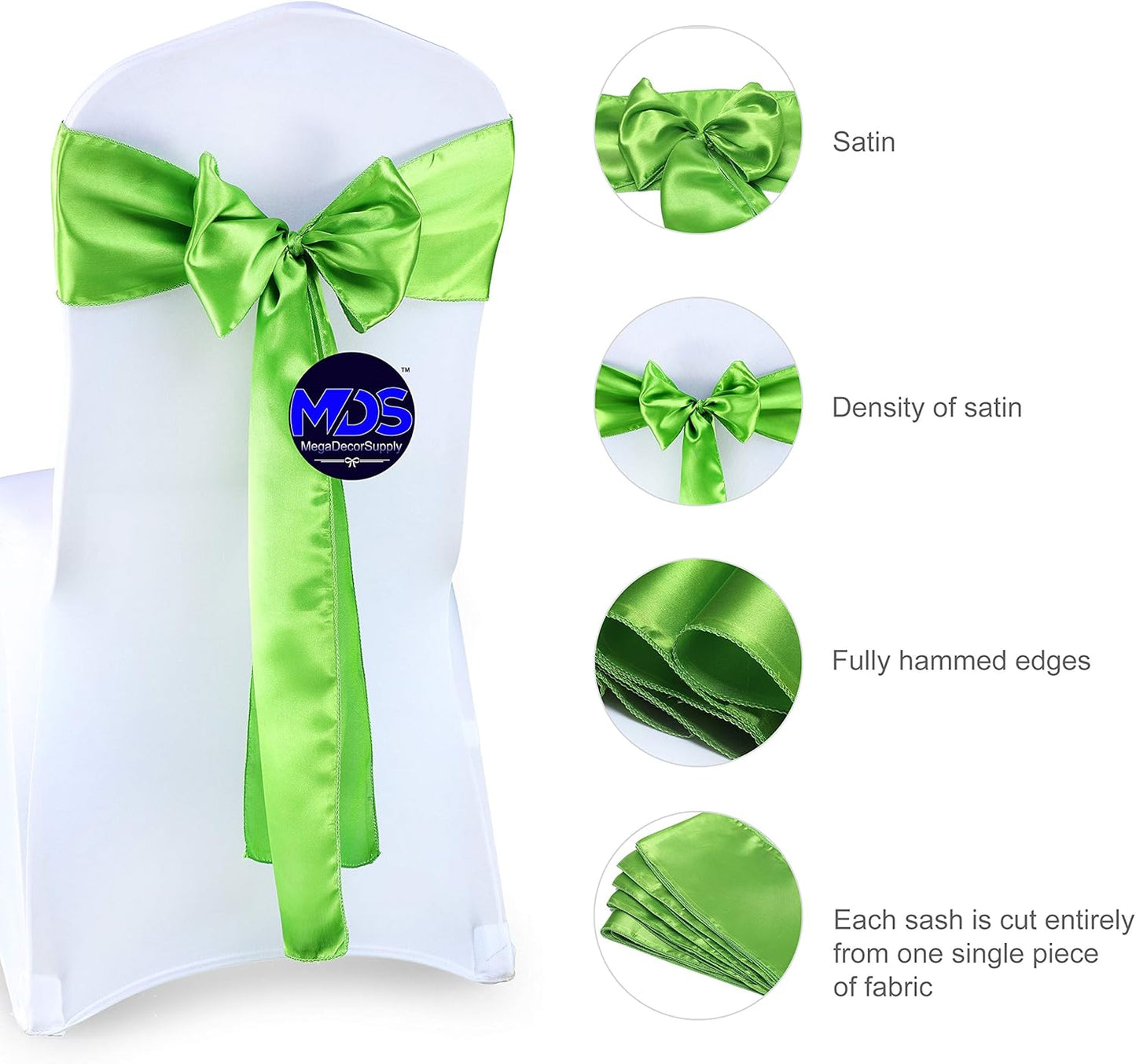 MDS Pack of 75 PCS Satin Chair Sashes Charmeuse Sateen Dining Chair Bows Ribbon Ties Back Sash for Wedding Party Birthday Home Hotel Restaurant Banquet Decoration (7 x 108 Inch, Parrot Green)