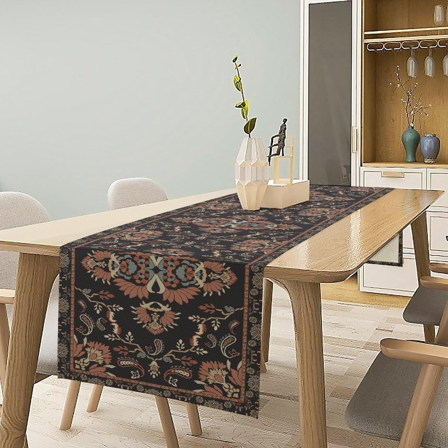 Boho Paisley Farmhouse Table Runner, Vintage Red Blue Retro Flower Rustic Country Style Floral Print Pattern for Home Kitchen Table Decor Dining Coffee Room Garden Party Decor 13x72in