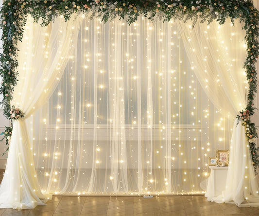 Ivory Tulle Backdrop Curtains with Lights String for Parites Wedding 20×8ft Ivory Sheer Backdrop Curtains for Baby Shower Birthday Party Photo Shoot Background Decorations(4 Panels 5ft×8ft)