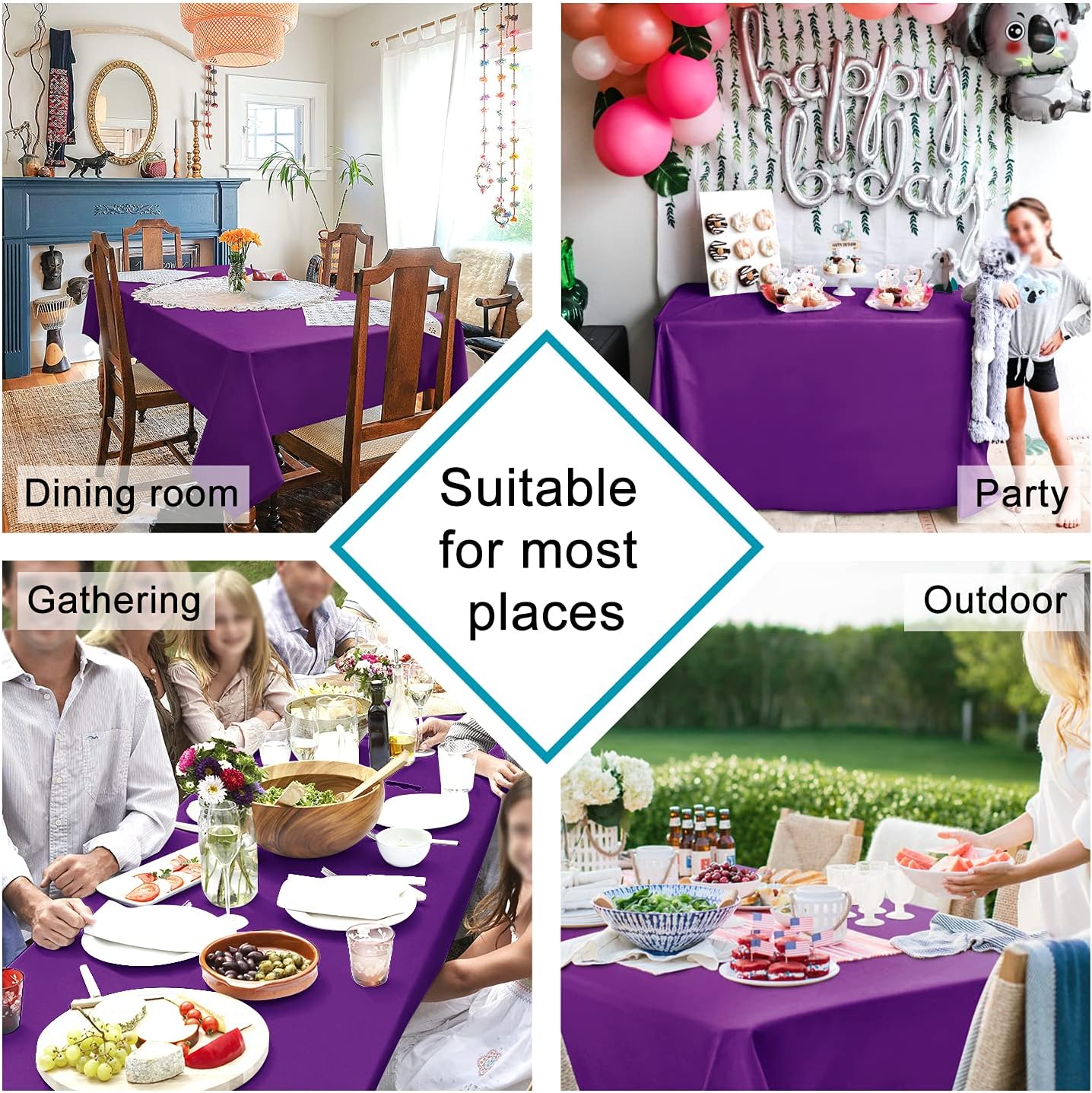 Hiasan Square Tablecloth - Waterproof Washable Polyester Table Cloth for Dining Room Birthday Party Camping, Royal Purple, 54 x 54 Inch