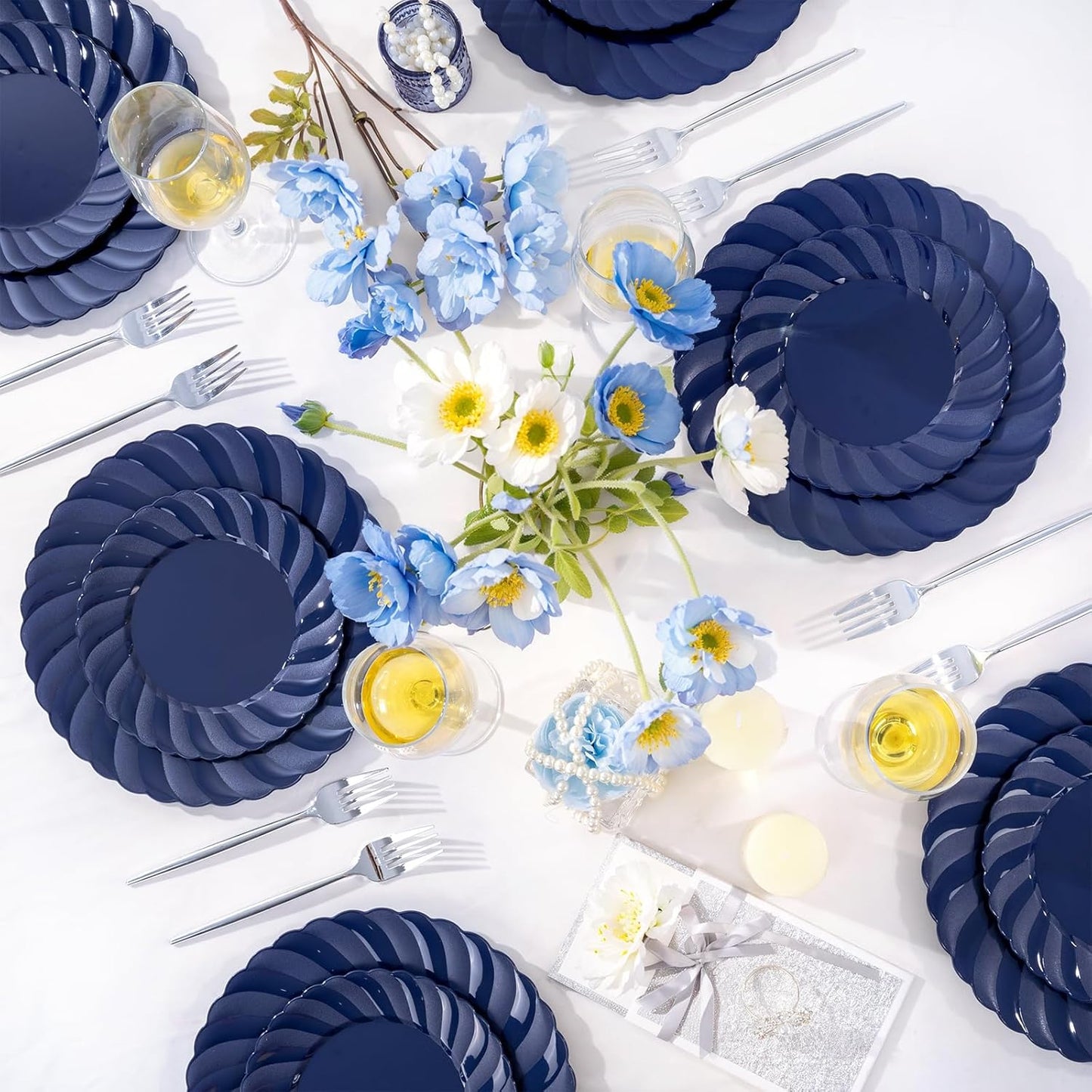 U-QE 60 Pcs Blue Plastic Plates for Party – Scalloped Blue Plates Disposable Heavy Duty – Include 30 10.25" Dinner & 30 7.25" Dessert Plate - Perfect for Birthday Parties, Baby Showers, and Weddings
