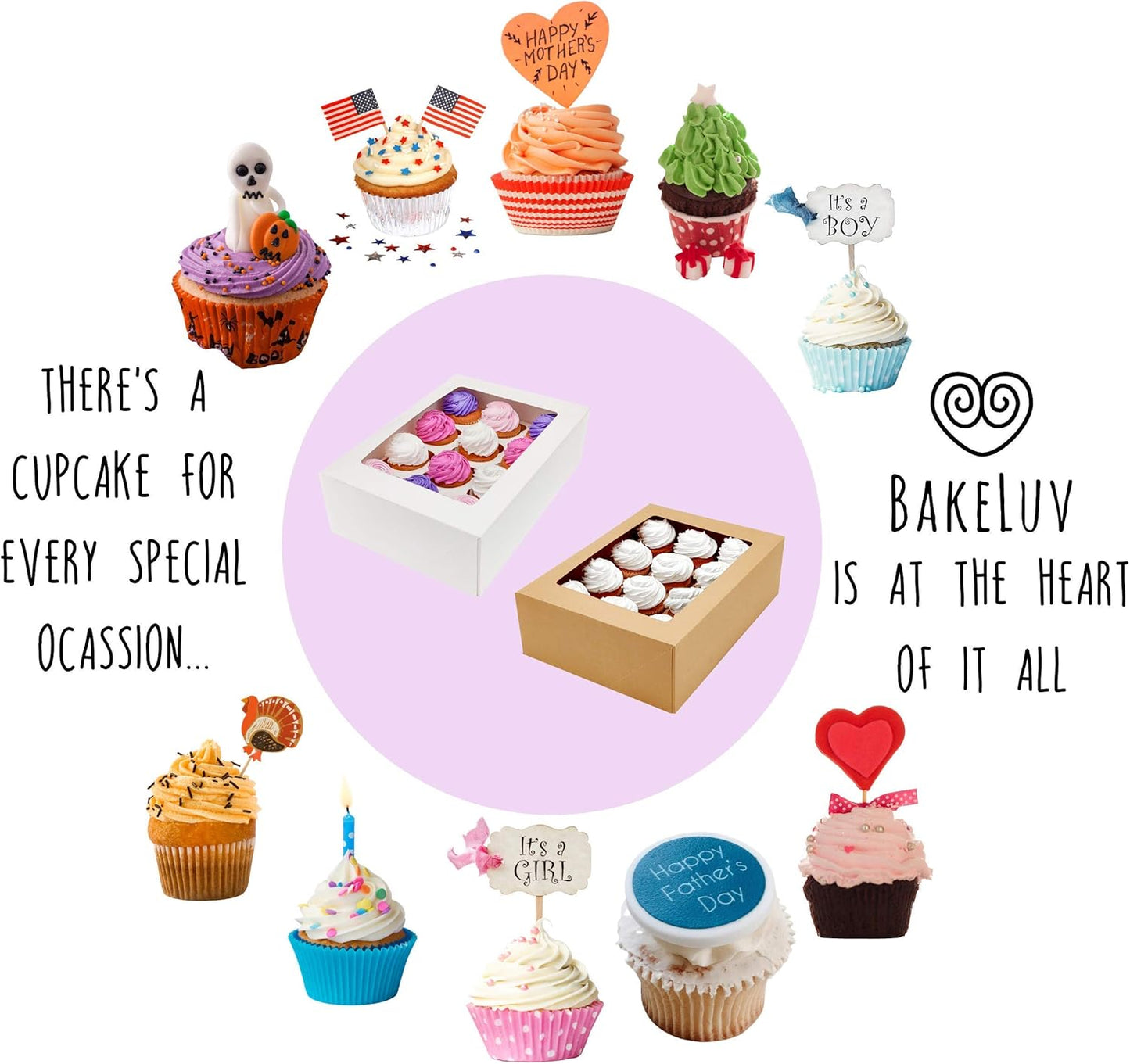 BAKELUV Brown 12 Cupcake Boxes, Cupcake Containers | 13x9.5x4, 25 Pack | 12 Cupcake Box Bulk, Cupcake Boxes 12 Count Carrier, Option to 14x10x4 Bakery Boxes with Window, ¼ Sheet Cake Box 13x9 Inches