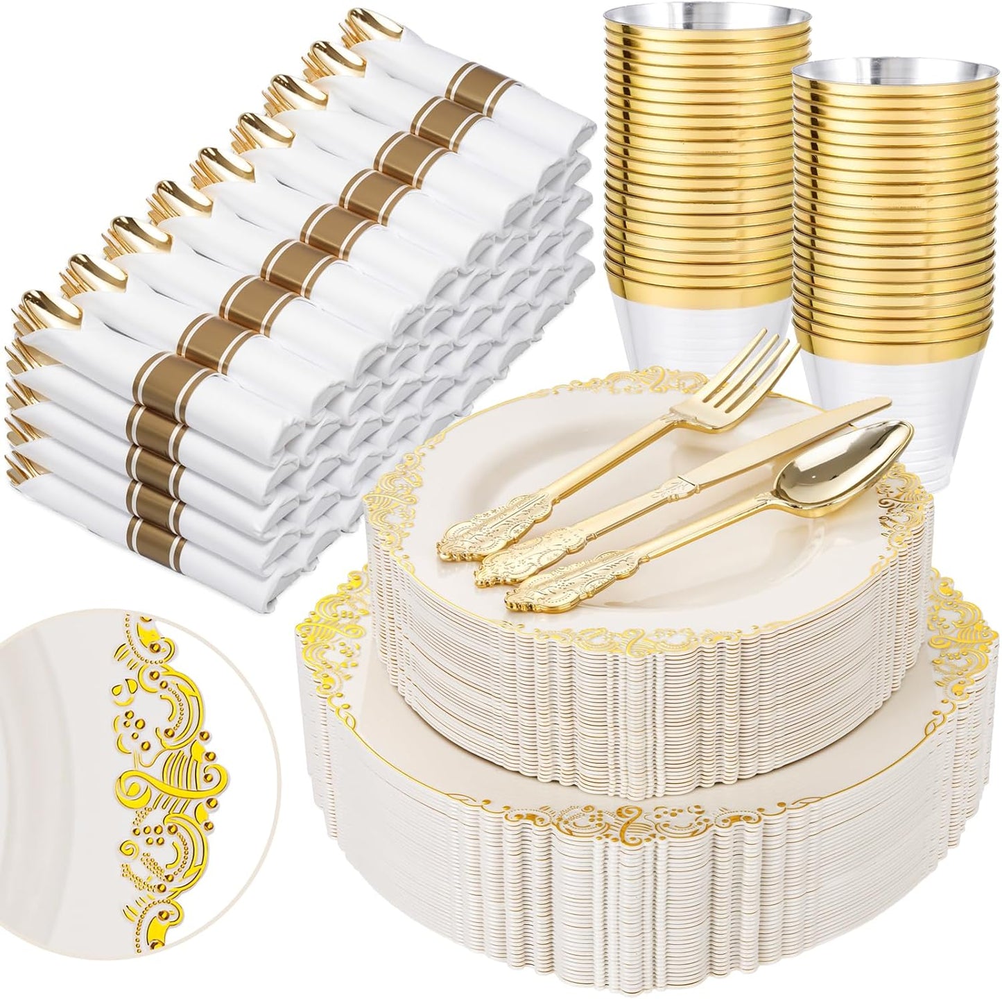 Nervure 350PCS Ivory Plastic Plates - Ivory Gold Plastic Dinnerware Sets for 50 Guests - 100 Gold Disposable Plates, 50 Pre Rolled Silverware Sets, 50 Cups Perfect for Wedding & Thanksgiving