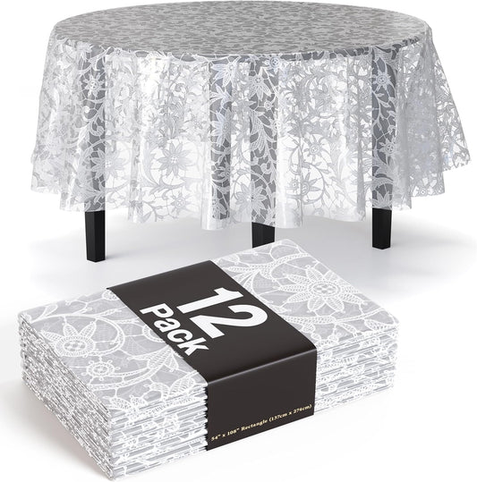 Exquisite Lace Table Cloth Round Table Plastic 12-Pack Lace Tablecloth Round 84" | White Floral Tablecloth Disposable | Wild Flower Party Decorations & Party Supplies